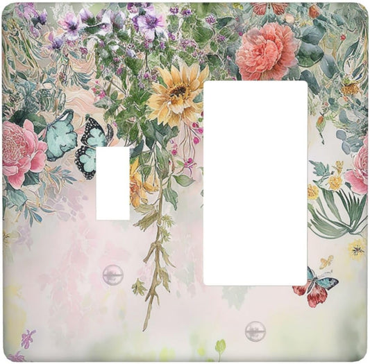Rustic Floral Watercolor Flower Blossom Butterfly 2 Gang Combo 1 Toggle 1 Rcoker Light Switch Covers Decorative Switch Plates Electrical Switch Plates and Outlet Covers for Home Art Decor 4.5 X 4.5 IN