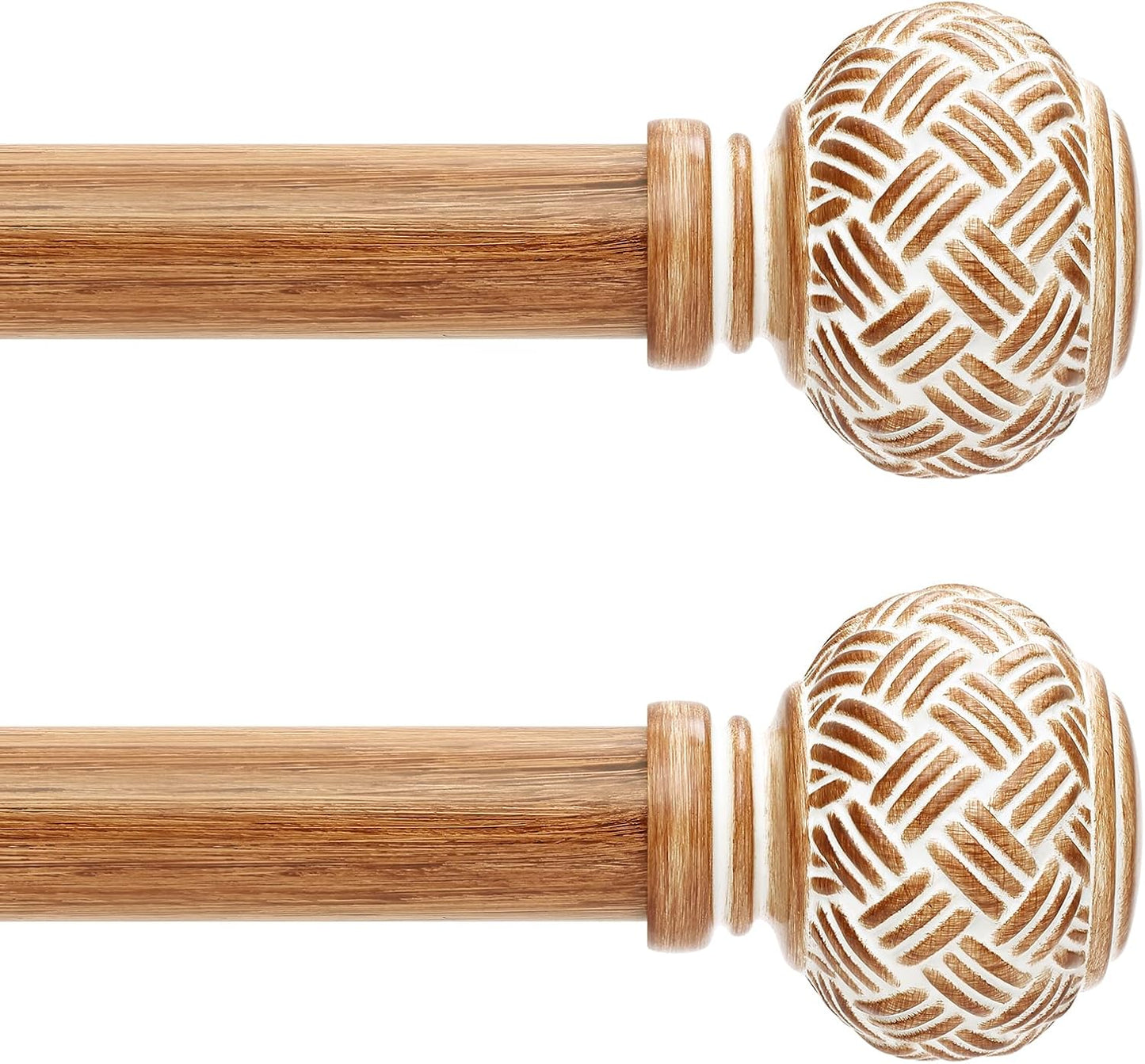 2 Pack Wood Curtain Rods for Windows 28 to 48 Inches, Decorative 1'' Diameter Heavy Duty Adjustable Rustic Farmhouse Drapery Pole with Boho Imitation Wooden Grain Finials, Size: 30''-60'', Brown