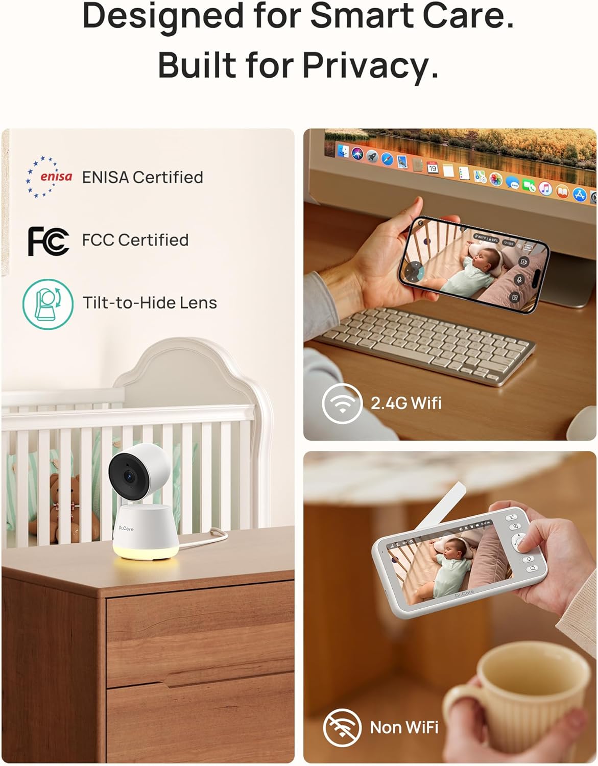 Dr.Care LumiView Smart WiFi Baby Monitor with 2 Cameras - 5" 1080P FHD & 2K Camera App Control, Privacy Mode, 5000mAh Removable Battery, Cry & Motion Alerts, HD Night Vision, Multi-User,1279ft Rang