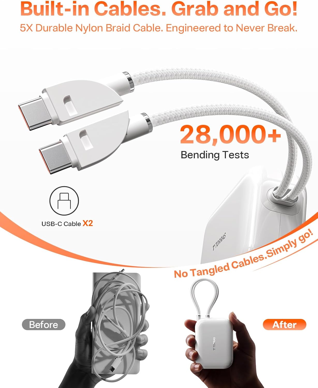 TORRAS 45W Portable Charger, Smallest 10000mAh Power Bank with Built in USB-C Cable, Fast Charging USB C in&Out Battery Pack, Travel Phone Charger for iPhone Air/17/16/15 Series, Samsung, iPad etc