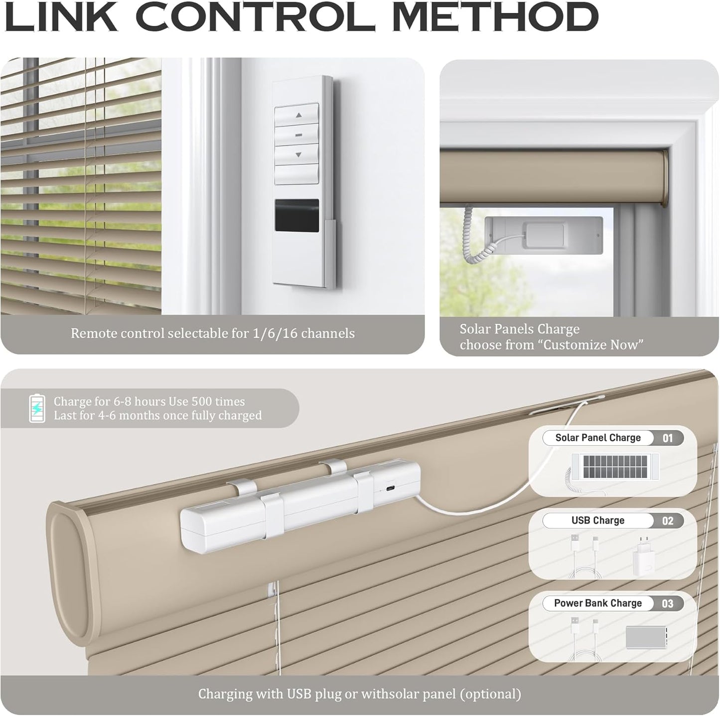 Motorized Cordless Aluminum Blinds with Remote, Automatic Room Darkening Horizontal Blinds for Indoor Windows, Light Adjustment Waterproof Blinds, Customized for Home, Office, Khaki