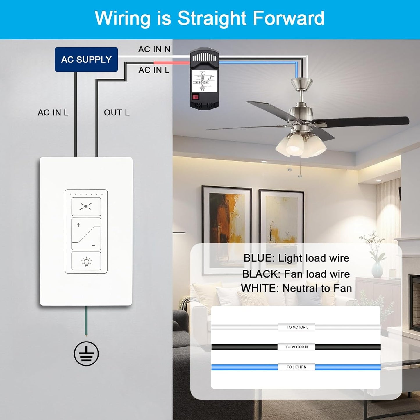Universal Ceiling Fan Remote Control, Ceiling Fan Remote Control Kit and Dimmer Light Switch, Ceiling Fan Wall Switch UC9050T, Fan Remote Control Kit Compatible with Hampton Bay Harbor Breeze Hunter