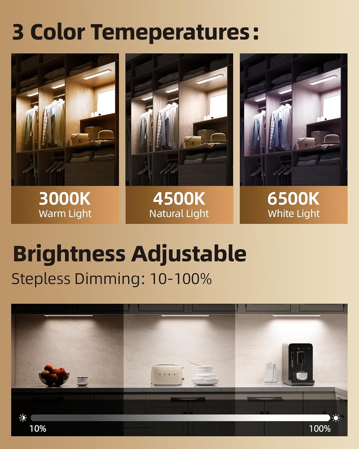 6Pack 12inch Under Cabinet Lighting, Rechargeable Motion Sensor Light Wireless Indoor, Dimmable 3 Color Temps Closet Lights with Remote, Indoor Under Counter LED Lights for Kitchen, Stairs
