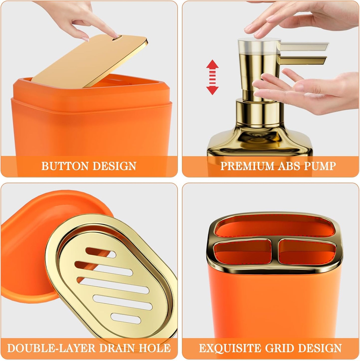Bathroom Accessories Set - 25PC Bathroom Set with Shower Curtain and Rugs, Orange Bathroom Set, Bathroom Accessory Set with Press-on Lid Trash Can, Soap Dispenser and Qtip Holders