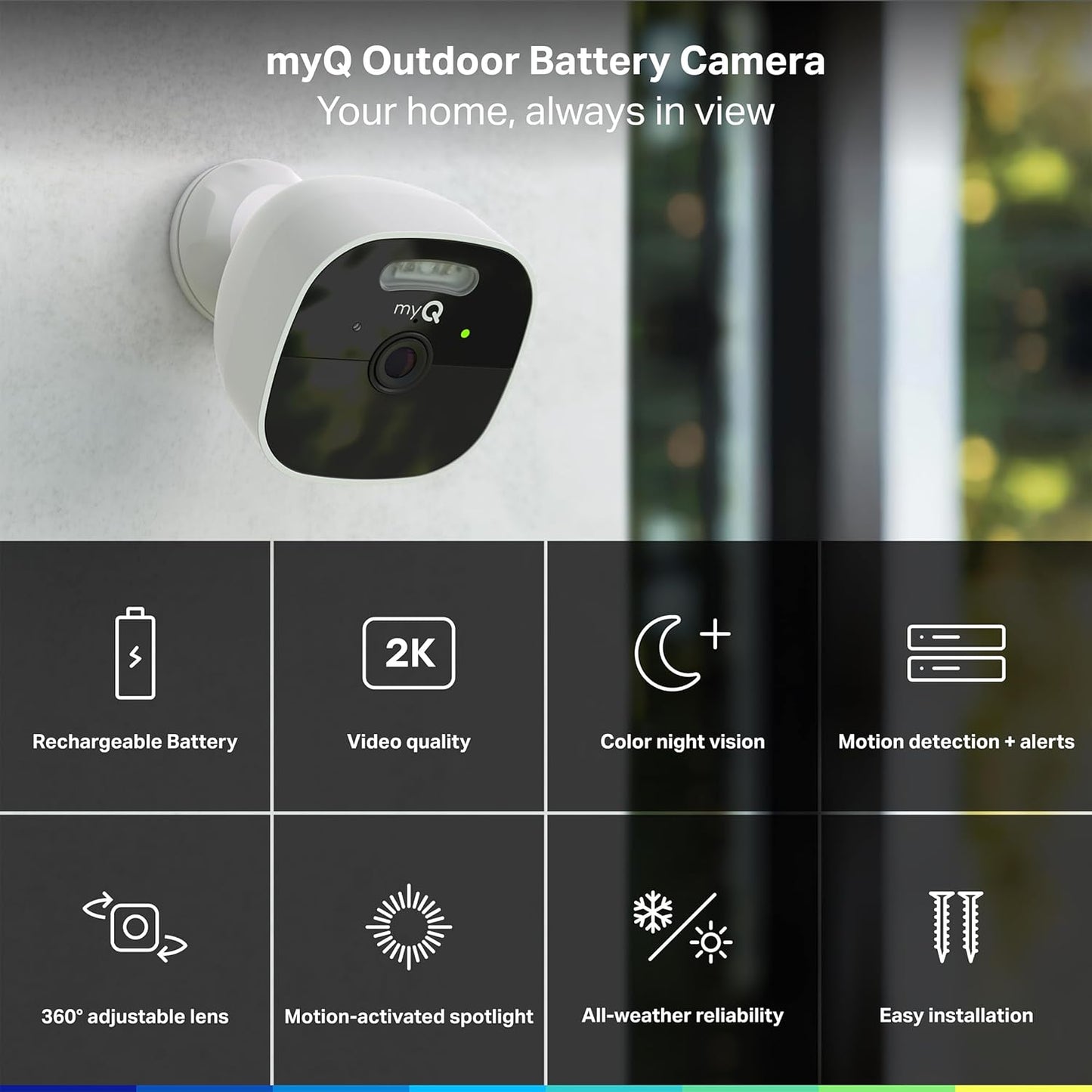 myQ Outdoor Battery Camera | 2K Camera, Color Night Vision, Spotlight, Motion Alerts, Live View with Two-Way Talk, Wireless, Weather-Resistant, Outdoor, White, 3 Pack