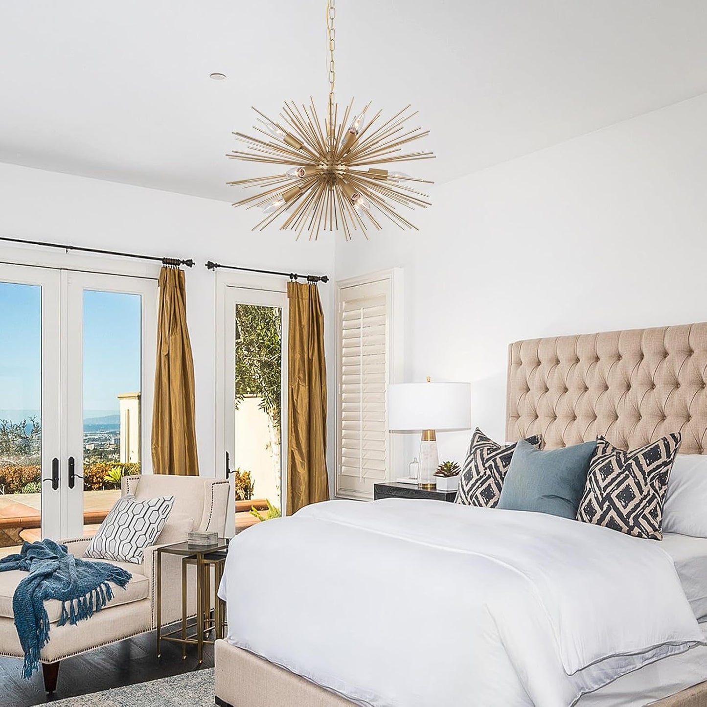 Modern Starburst Chandelier:9 Lights Gold Sputnik Light Fixture for Dining Room Living Room,Bedroom, Kitchen Room, Entryway,Foyer,24in