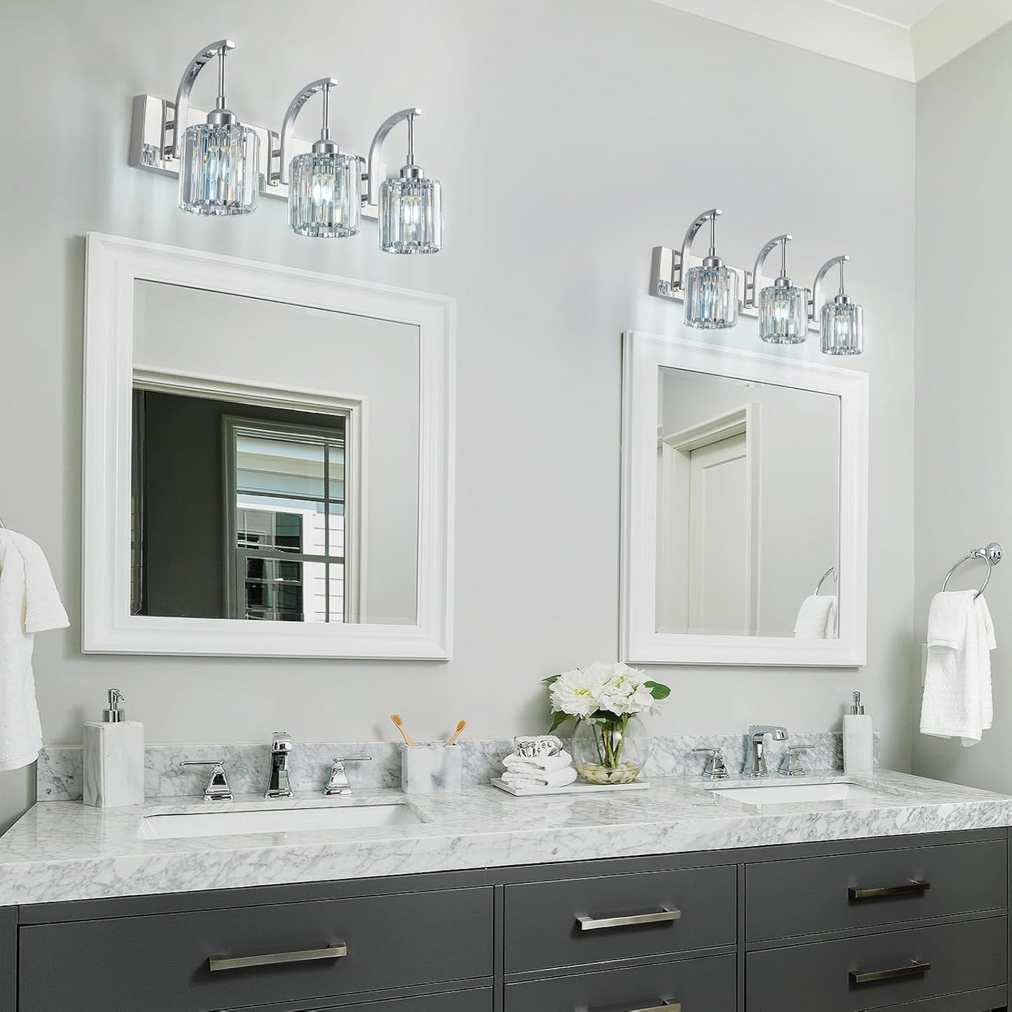 3-Light Crystal Vanity Light, Modern Chrome Bathroom Wall Sconce with K9 Crystal Shades, 23.62" Long Over Mirror Lighting for Vanity, Makeup, Hallway, Elegant & Durable