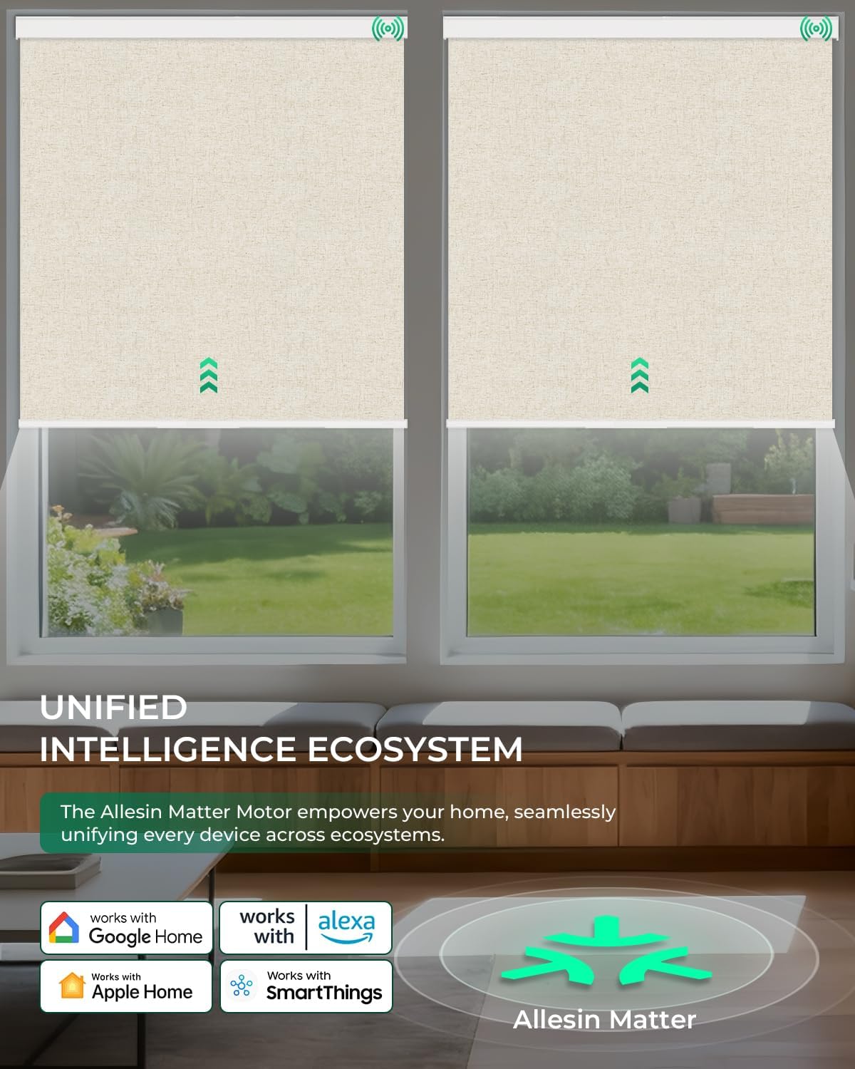 Allesin Motorized Roller Blinds – Rechargeable Smart Shades with Remote & Quiet Motor, Top/Bottom Aluminum Rails, Alexa-Compatible for Window (Custom Size, 100% Blackout Sand-Linen)