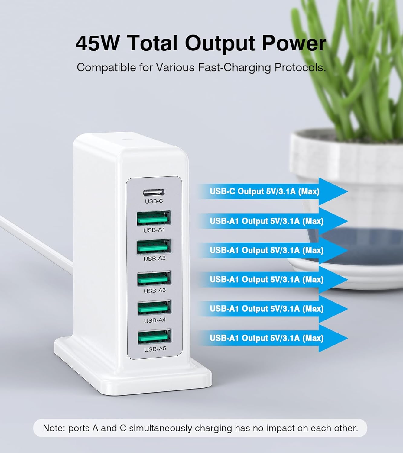 USB Charger Block, 45W 6-Port Charging Station for Multiple Devices, USB A and Type-C Charger Tower Fast Charging Dock Hub Power Strip for iPhone iPad Tablets Android Smartphones, Home Office Use