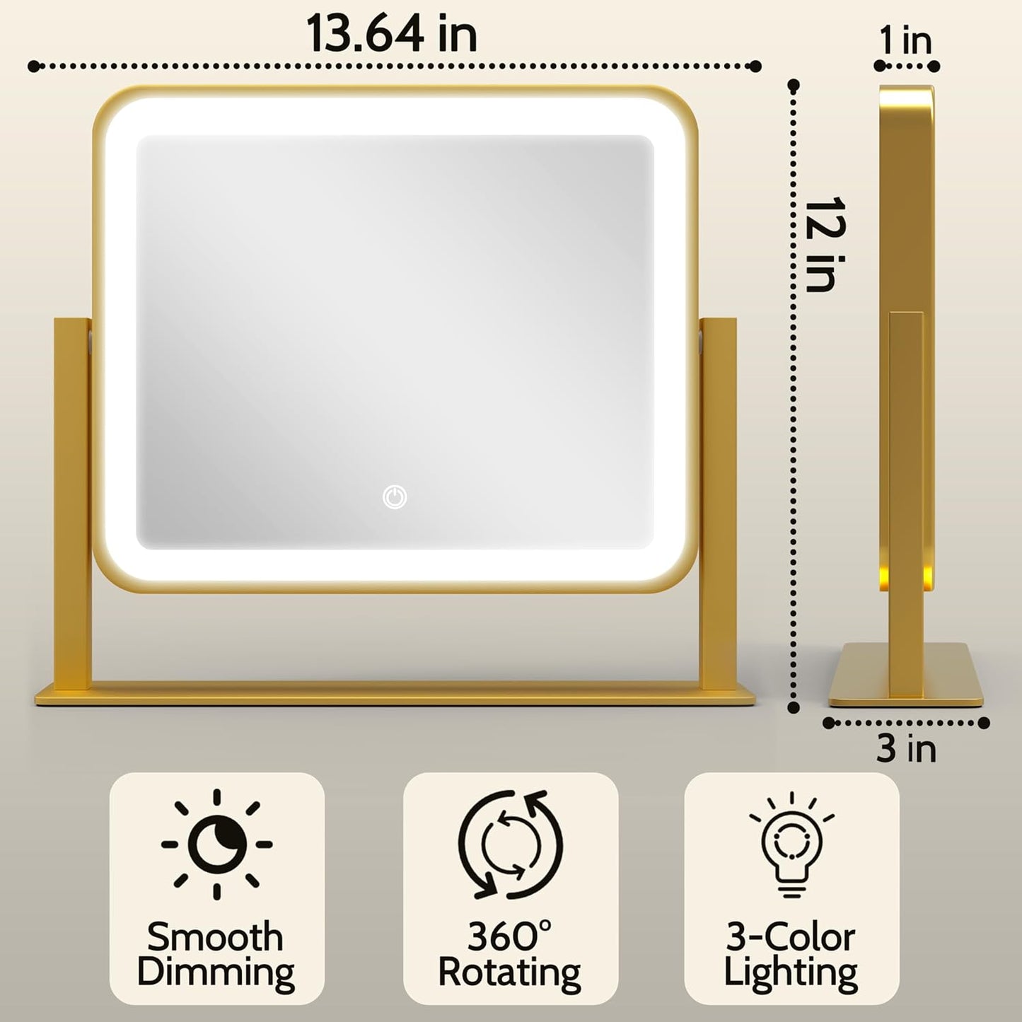 ROLOVE Gold Lighted Makeup Mirror, 14"x12" Vanity Mirror with Smart Touch Control, 3-Color Dimmable Lighting, 360° Rotation for Desk or Bedroom