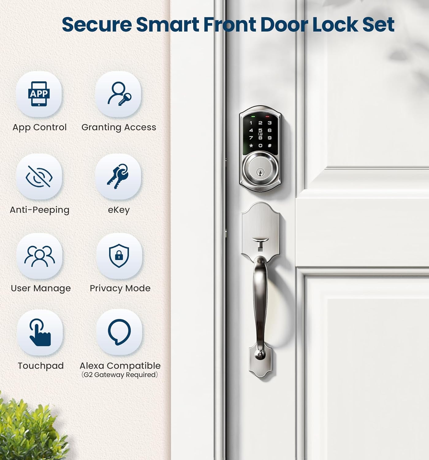 Veise VE06-H Smart Front Door Lock Set, App Control, Keyless Entry Deadbolt with Lever Handle, Electronic Digital Touchscreen Keypad, Auto Lock, Easy Install, Satin Nickel