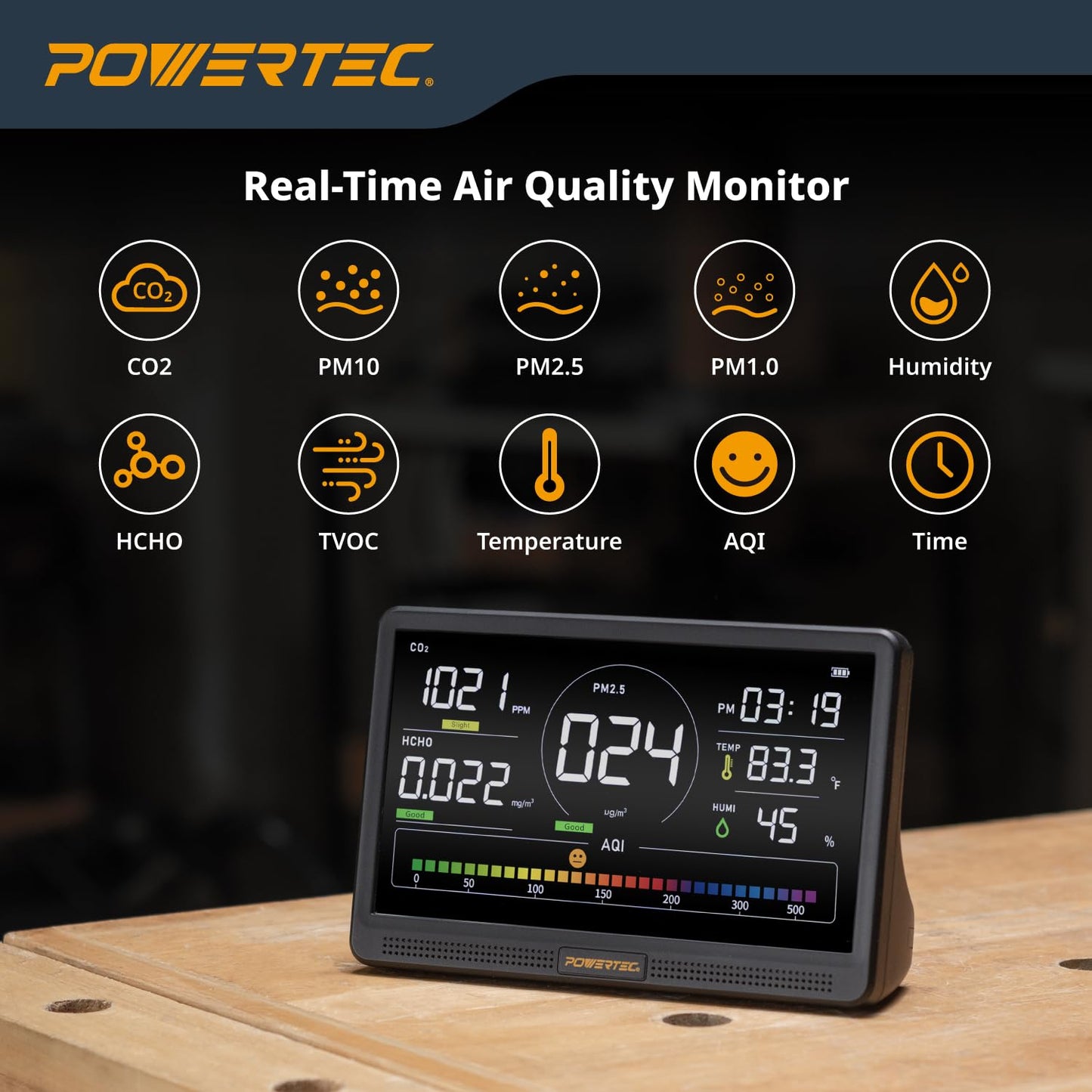 POWERTEC AD1001 Air Quality Monitor with 7” LCD Display – Multi-Sensor CO₂, PM2.5, PM10, HCHO, TVOC Detector, NDIR & Semiconductor Sensors, Rechargeable Indoor/Workshop Air Monitor