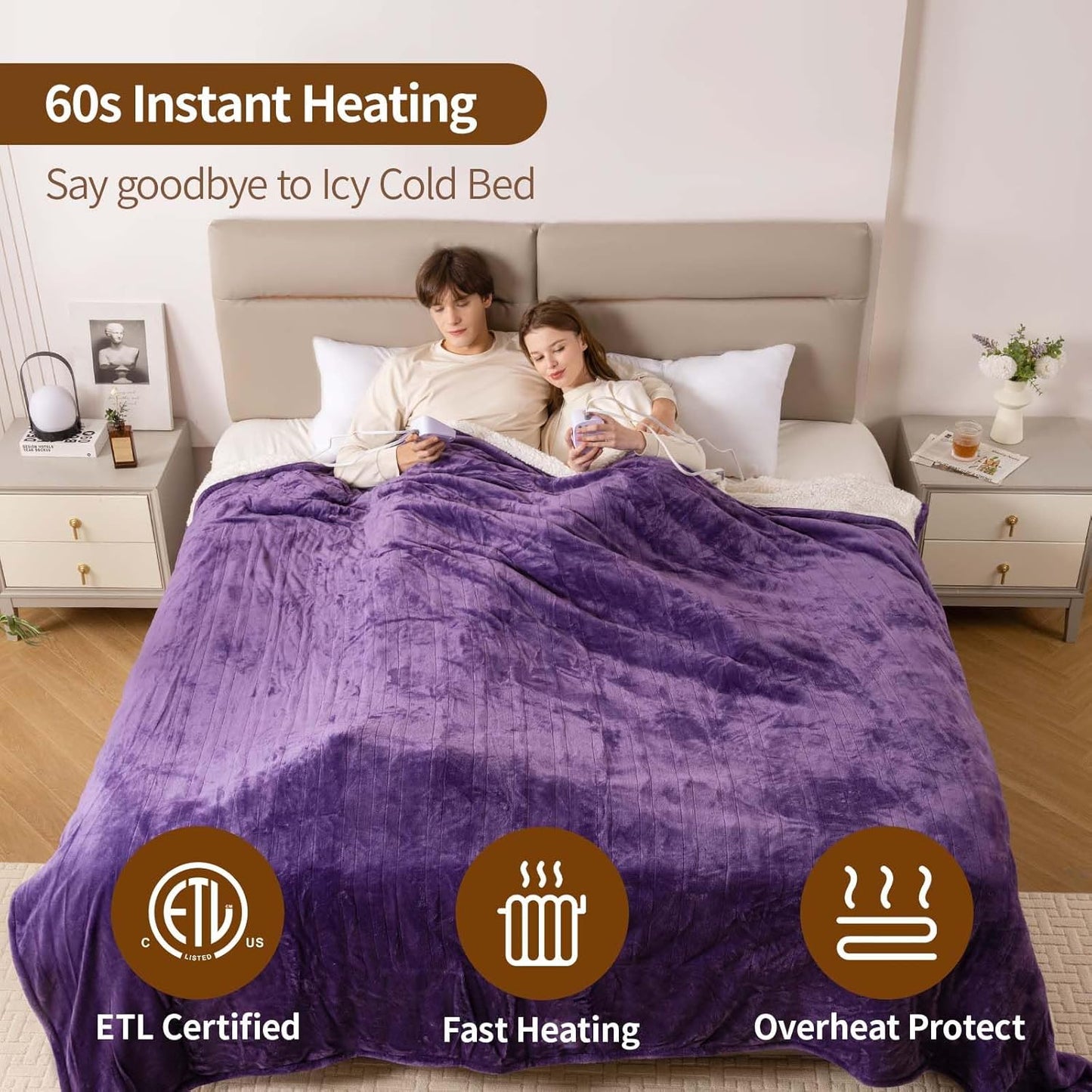 Bearhug Electric Blanket King Size 100" x 90", Dual Controller Heated Blanket, Velvet & Sherpa, 10-Heating Level & 0.5-12H Auto Off, Over-Heat Protect, ETL, Machine Washable