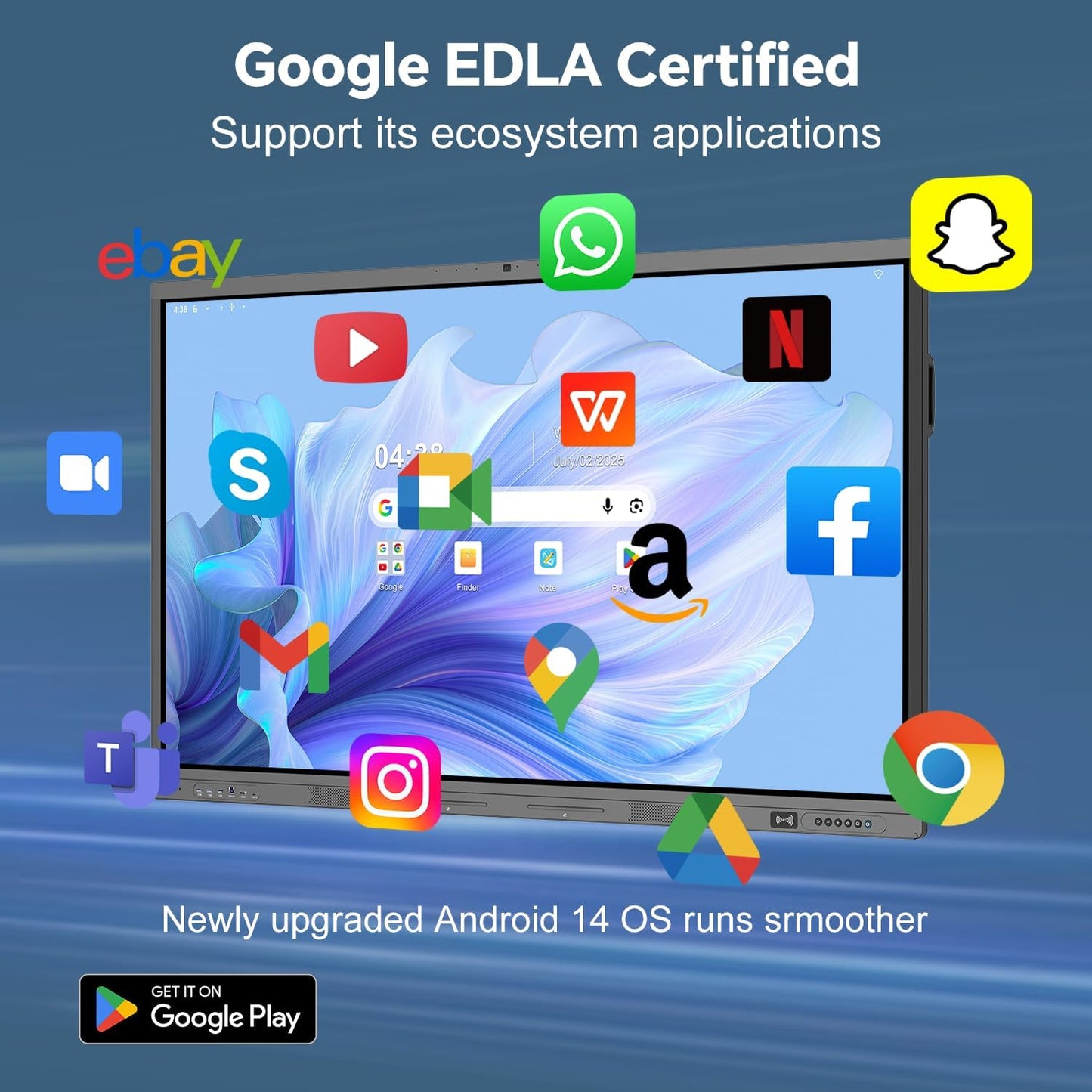 75" Smart Board, 4K Digital Whiteboard for Office, Hybrid Work & Classrooms, Google EDLA-Certified Interactive Whiteboard with Android 14, OTA Updates & Open Apps Ecosystem, 8+128GB Storage