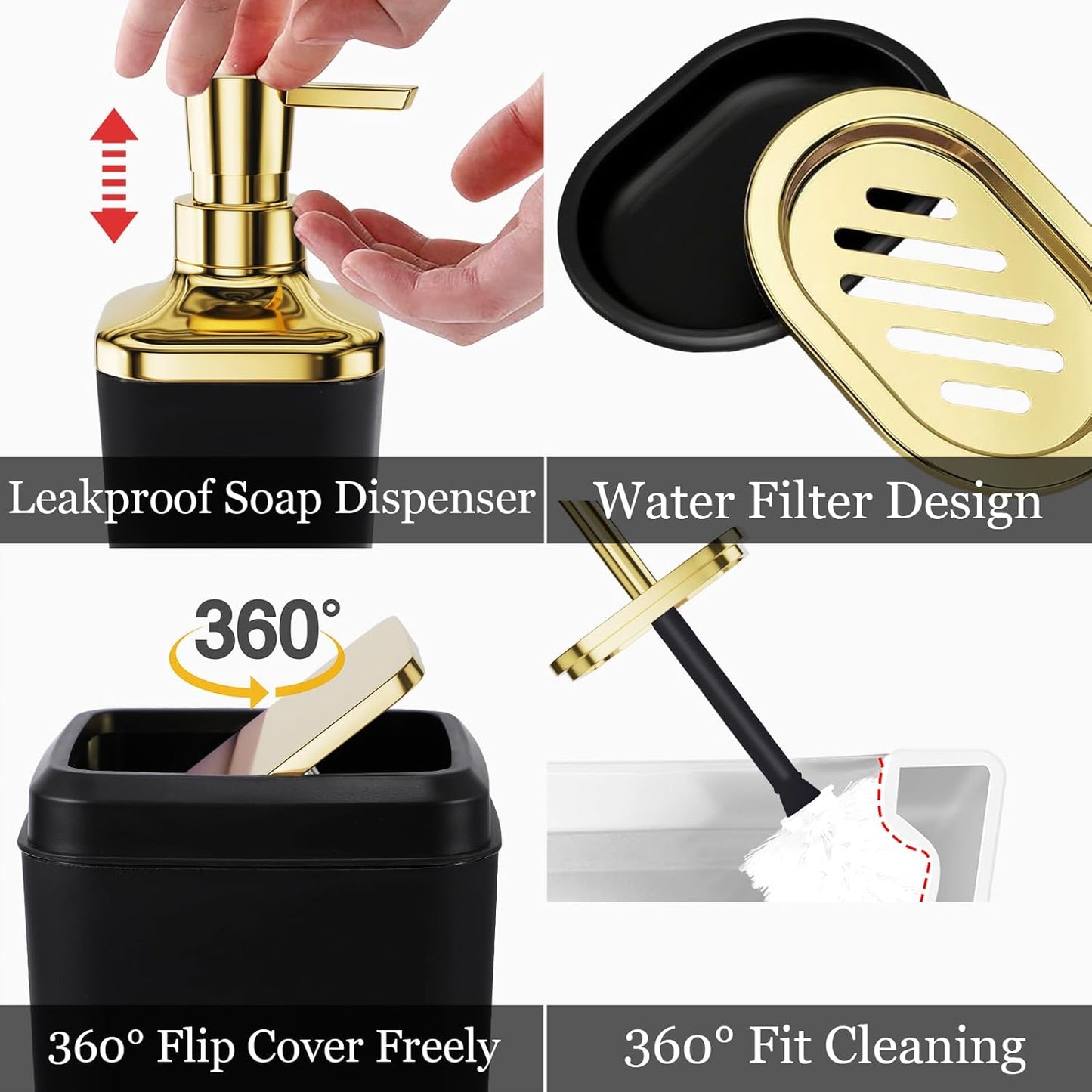 Black Bathroom Set, Bathroom Sets with Stripe Shower Curtain, Black and Gold Bathroom Accessories with Trash Can, Soap Dispenser, Soap Dish, Toilet Brush Holder, Qtip Holders for Bathroom