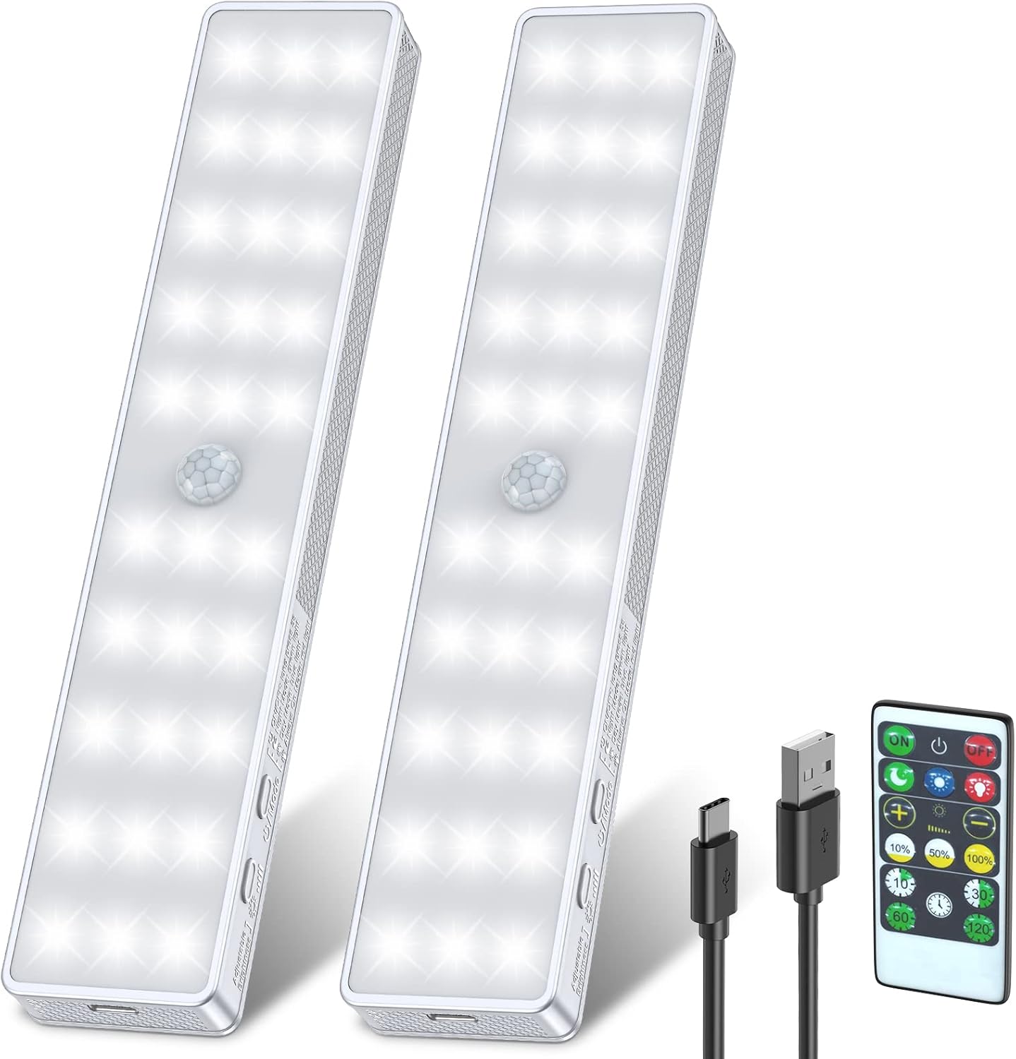 LED Closet Light, 30LEDs Dimmer USB Rechargeable Motion Sensor Light Under Cabinet Lighting, Stick-Anywhere Night Safe Light Bar for Wardrobe,Kitchen-2 Pcs