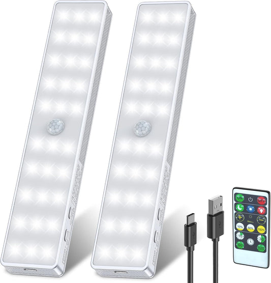 LED Closet Light, 30LEDs Dimmer USB Rechargeable Motion Sensor Light Under Cabinet Lighting, Stick-Anywhere Night Safe Light Bar for Wardrobe,Kitchen-2 Pcs