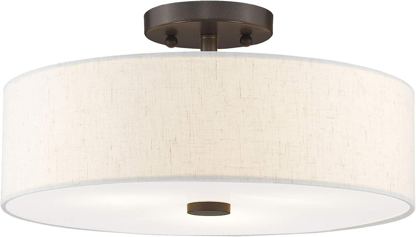 Livex Lighting 52135-92 Meridian Collection 3-Light Semi Flush Mount Ceiling Fixture with Oatmeal Color Fabric Hardback Drum Shade and Satin White Diffuser, English Bronze