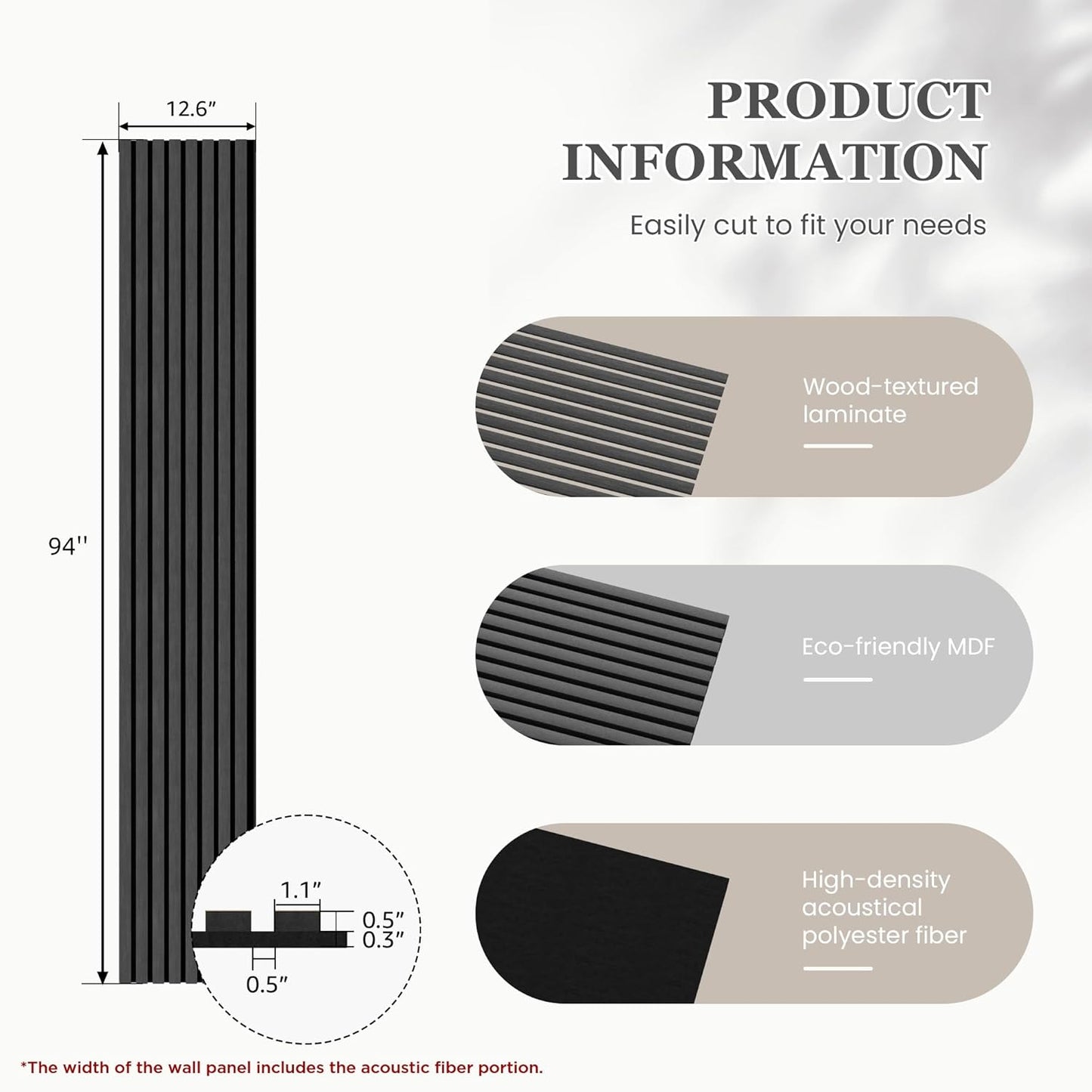 Wood Salt Acoustic Wall Panels, 4 Piece 94" x 12.6" x 0.8" Soundproof Wooden Wall Panels, 3D Fluted Sound Absorbing Panel, Dark Gray