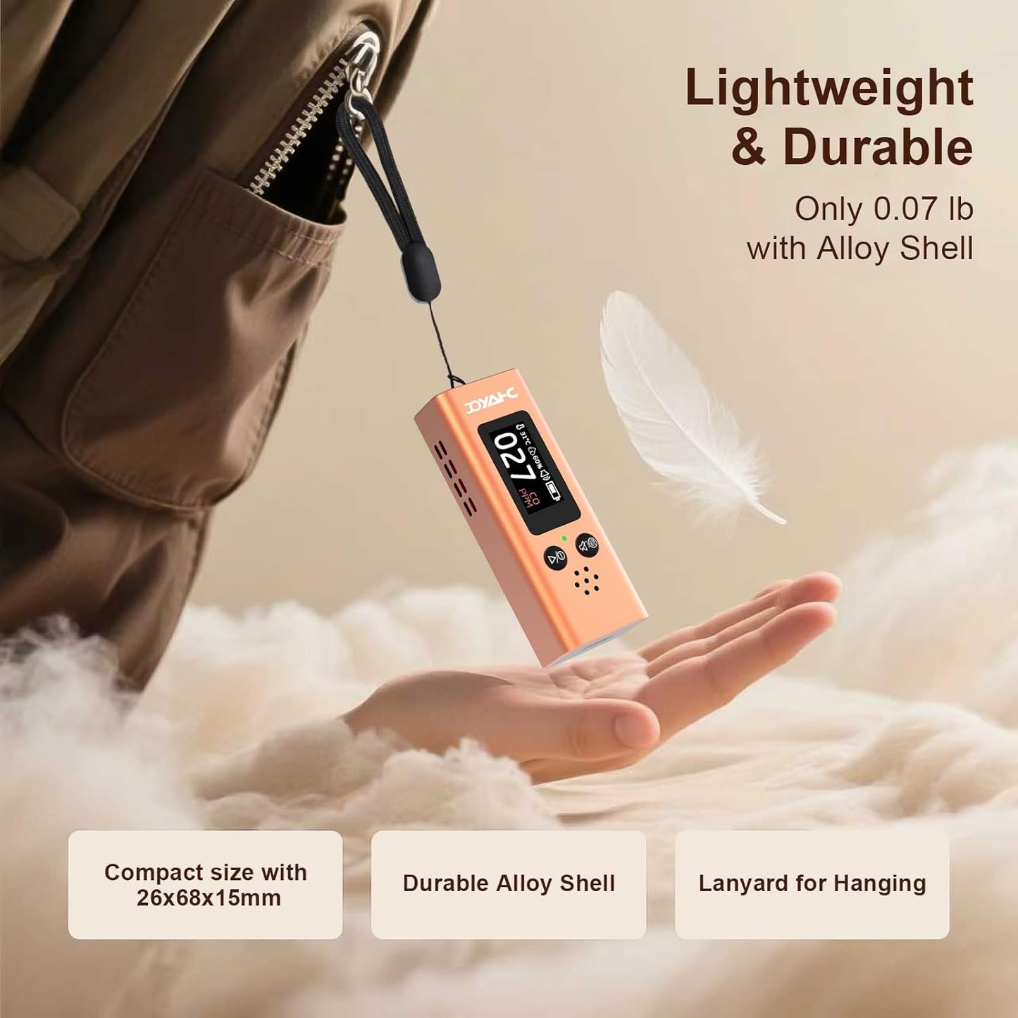 Portable Carbon Monoxide Detector for Travel, 3-in-1 CO Detector with Temperature & Humidity Sensor, Dual Audible & Visual Alarm Camping, RV and Hotel for Safety