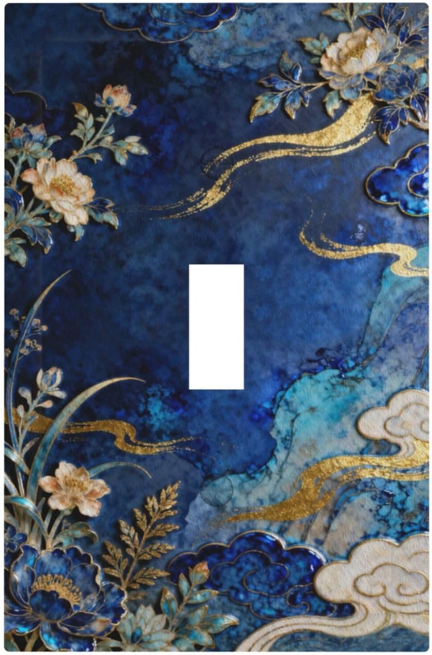 Decorative Light Switch Cover Plate Blue White Flower Gold Line Cloud 1 Gang Single Toggle Wall Plates for Electrical Outlet Covers Switch Plate Covers Faceplate for Bedroom Home Decor