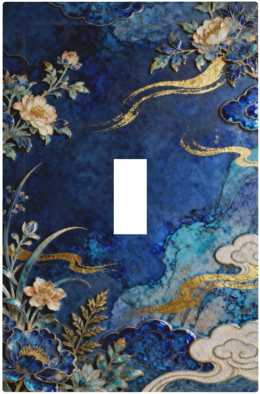 Decorative Light Switch Cover Plate Blue White Flower Gold Line Cloud 1 Gang Single Toggle Wall Plates for Electrical Outlet Covers Switch Plate Covers Faceplate for Bedroom Home Decor