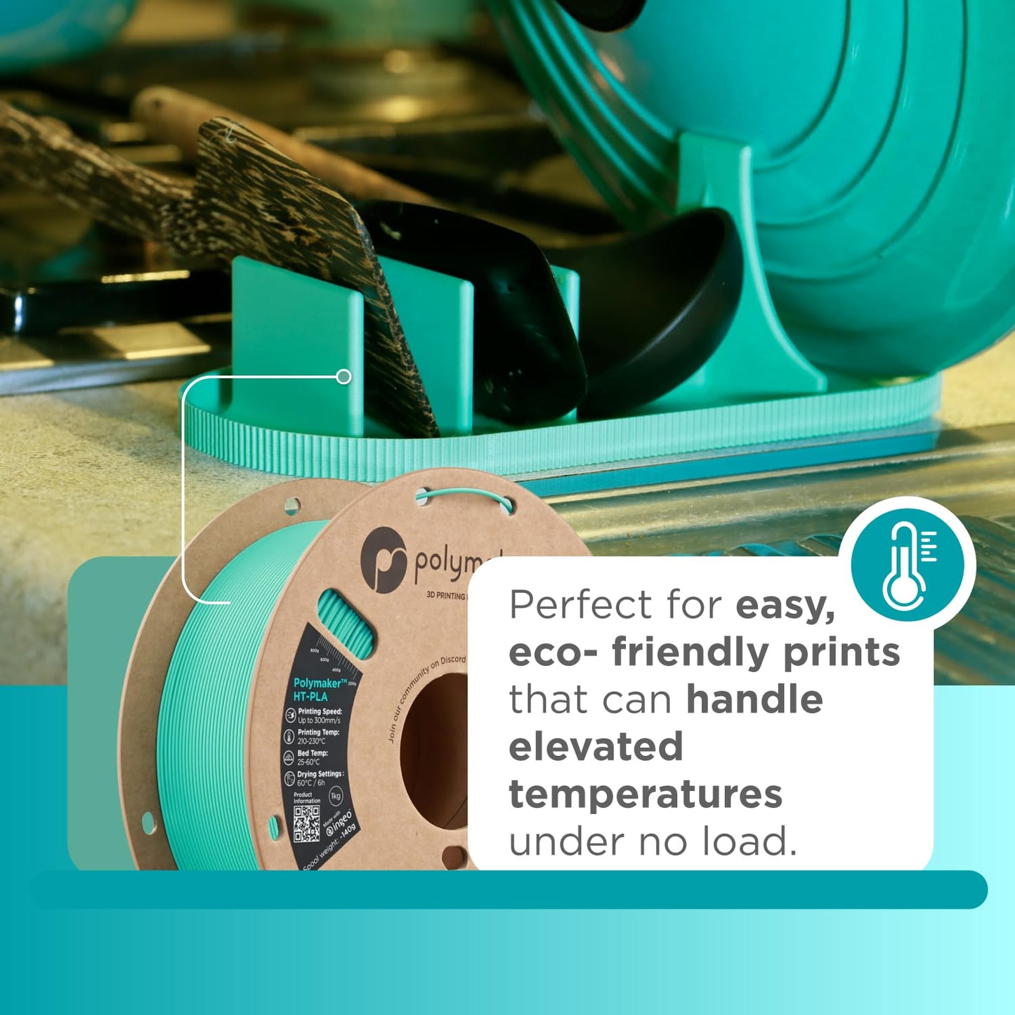Polymaker HT-PLA Filament 1.75mm Teal, High Temp PLA for 3D Printing, Heat Stable Up to 150°C, Easy to Print, Works with Most FDM Printers, 1kg Spool