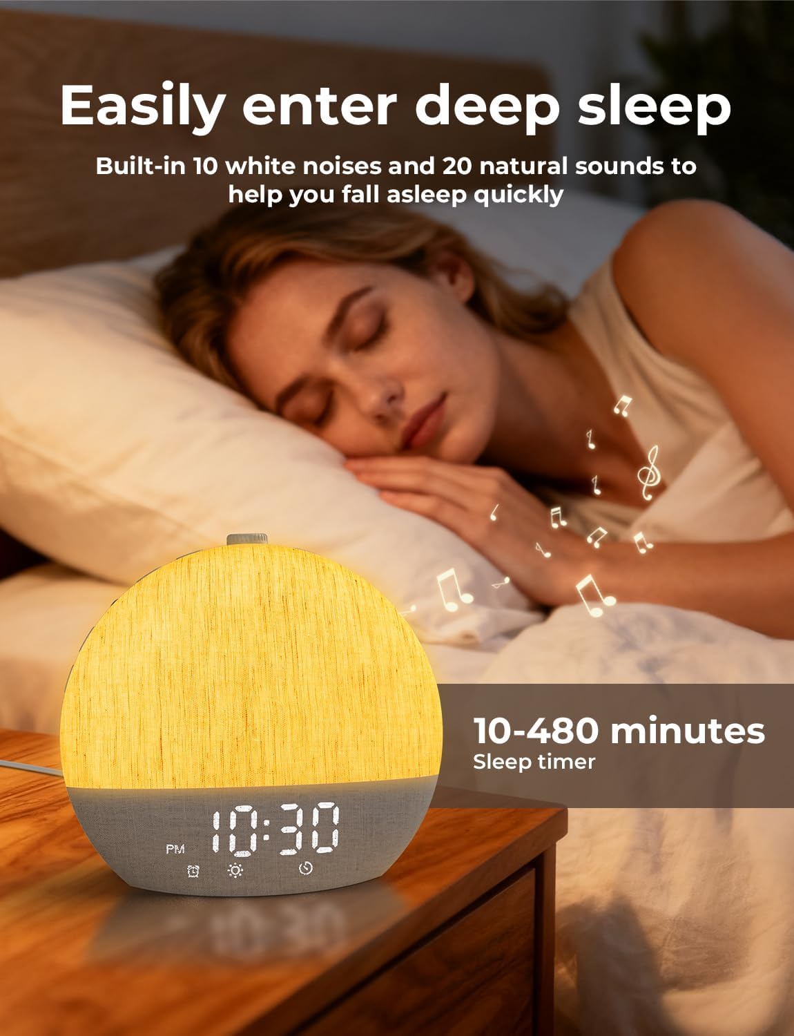 LIORQUE Sunrise Alarm Clock, Digital Alarm Clocks Bedside, 30 Sleep Sounds, Sleep Timer, Adjustable Volume & Brightness,Screen Free Design, Bluetooth, Wake up Light with White Noise for Heavy Sleepers