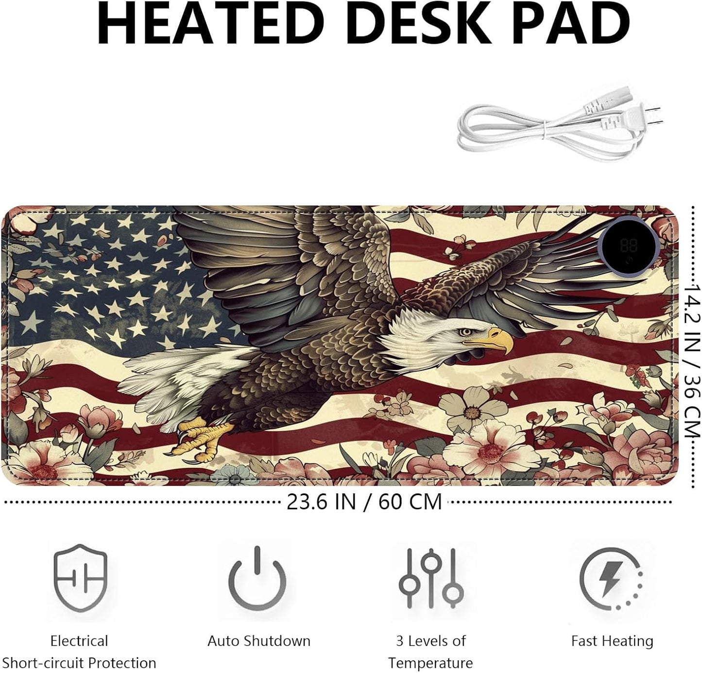 Heated Mouse Pad with 3 Levels Heated & 3 Hours Auto Shut-Off Mouse Pad for Warming Hands in Office Home, 23.6" x 14.2"Large Safe Desk Mat Hand Warmer，Flying Eagle Flag Flowers