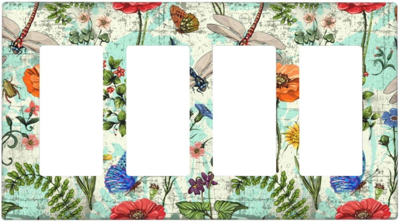 Dragonflies Flowers Butterfly 4 Gang Quad Rocker Outlet Light Switch Cover Decorative Wall Plate Cover For Home Living Bedroom Kitchen Decorative