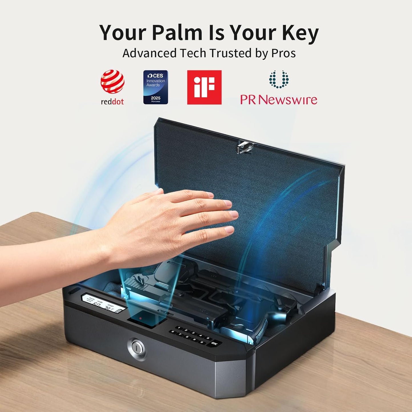 AI Smart Palm Vein Gun Safe - Childproof, Contactless 0.1s Access & 100% Unlock for Wet, Dirty, Calloused, Peeling Hands & in Darkness, Biometric Handgun Pistol Box for Nightstand, Home&Car