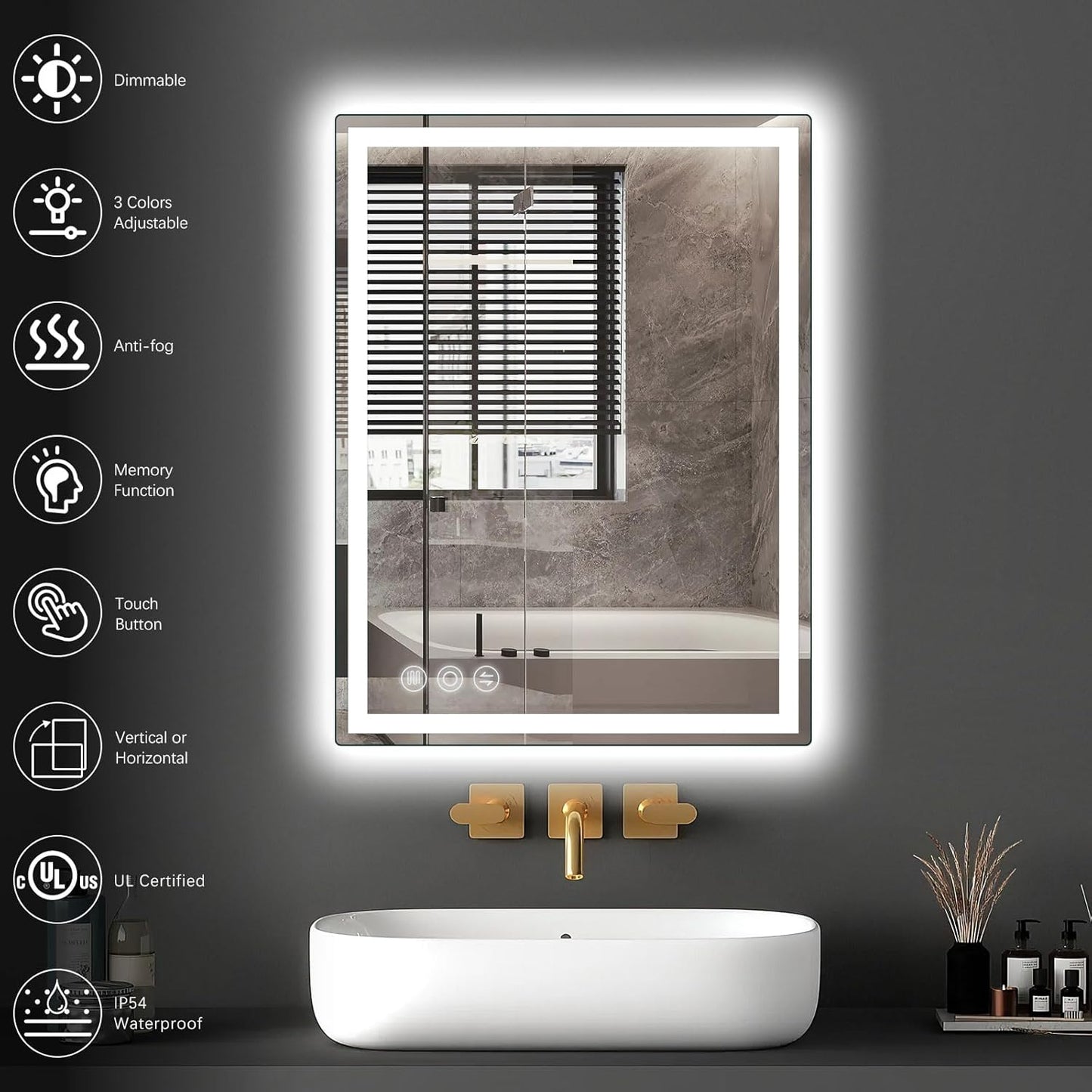 LED Mirror for Bathroom 20"x 28" with Frontlit and Backlit, Anti-Fog Mirror with Lights, Stepless 3 Colors Temperature & Dimmable Bathroom Mirror, Memory Tempered Glass Mirror for Bathroom