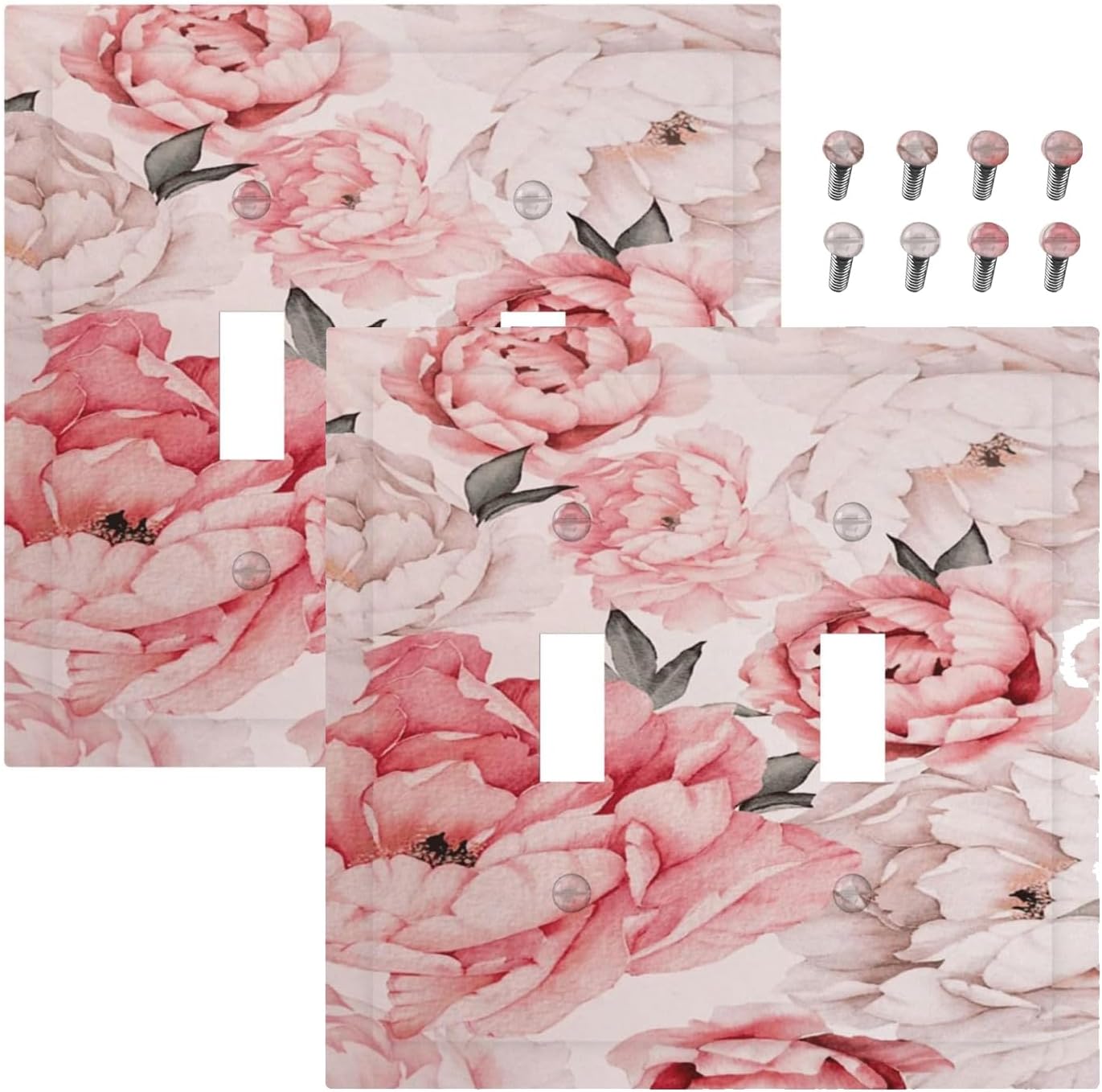 Decorative Light Switch Plate Covers Ink Pink Peony Flower Rustic Floral 2 Gang Light Switch Cover Unique Double Toggle Wall Plate Outlet Covers for Bedroom Home Decor （2 Pack）