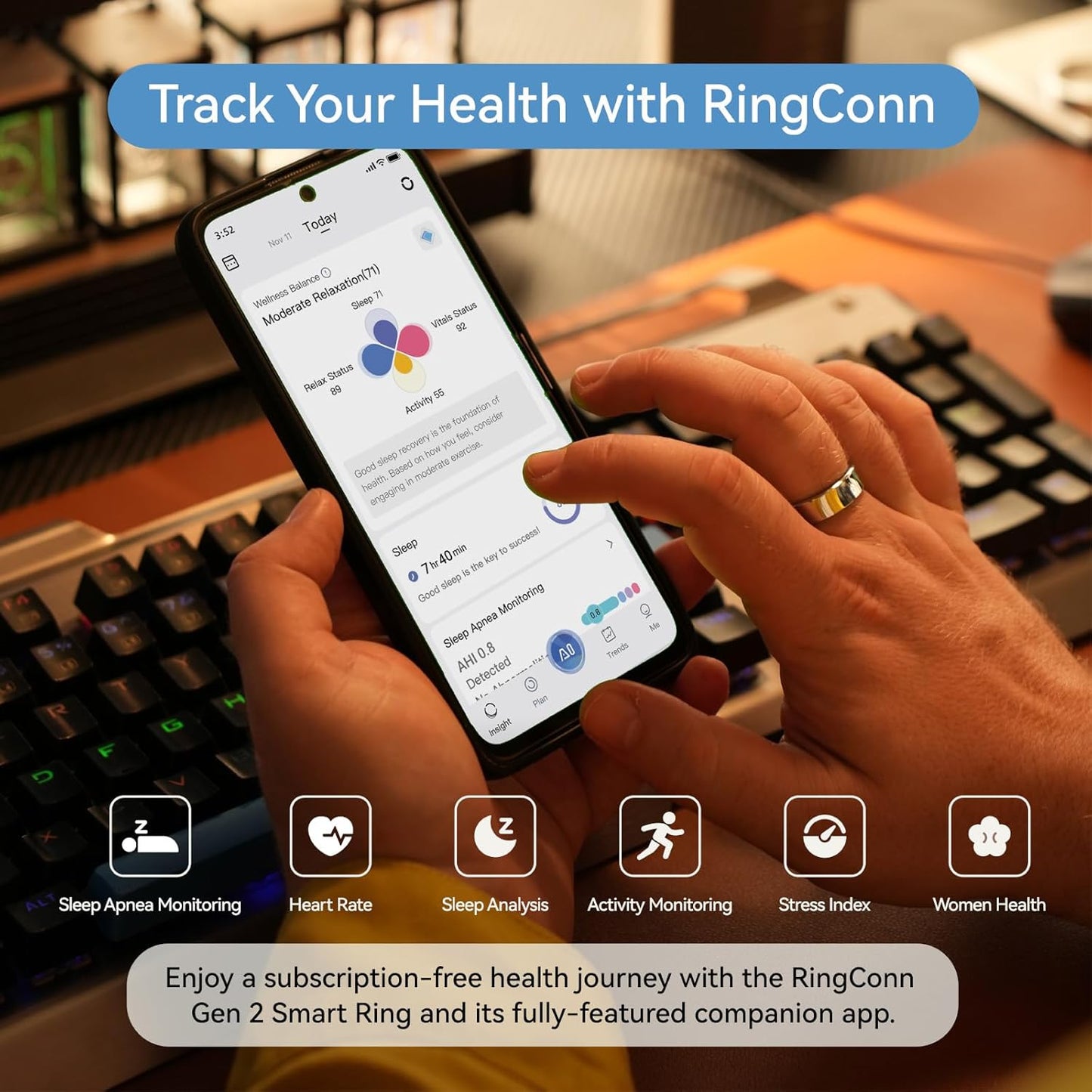 RingConn Gen 2, World’s First Smart Ring with Sleep Apnea Monitoring, No APP Subscription, 12-Day Battery Life, Stress/Heart Rate/Women's Health Tracker, Android & iOS Compatible (Silver, Size 11)