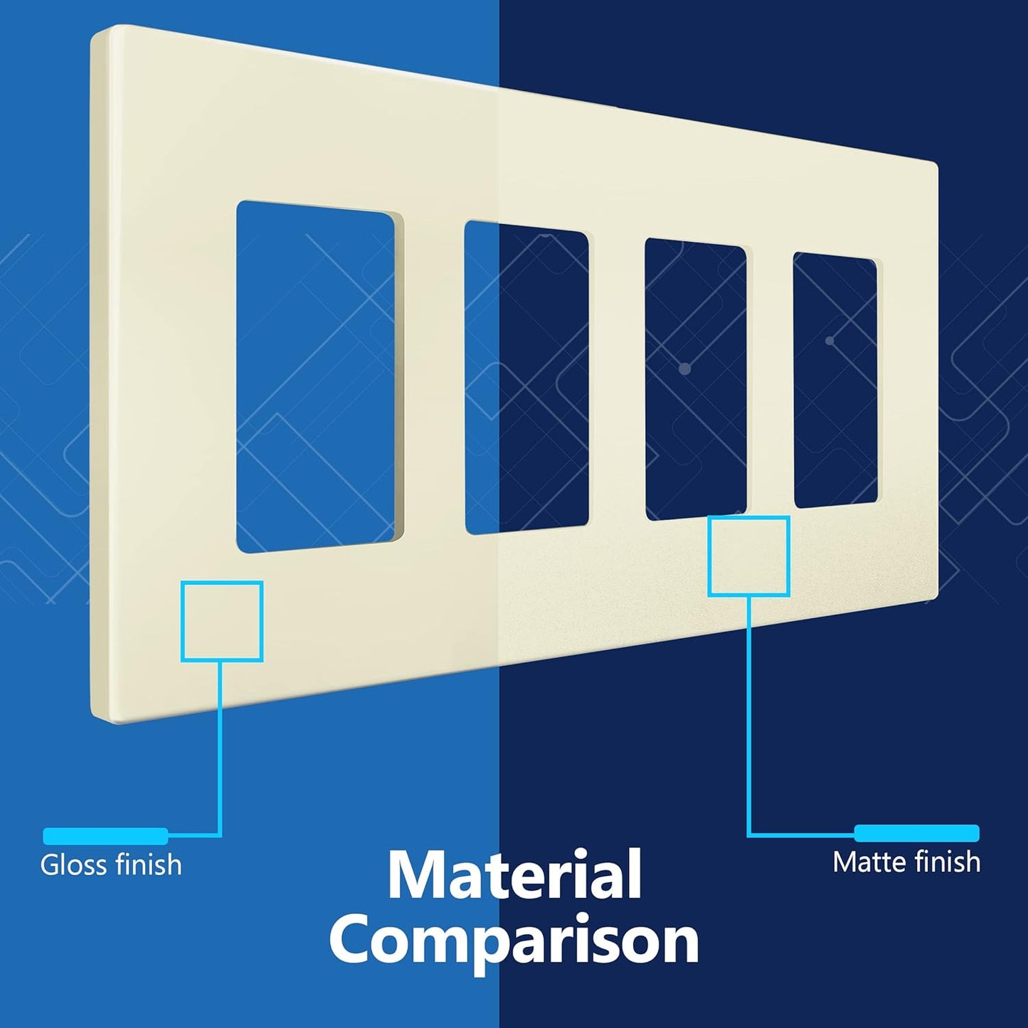 LIDER Matte Finish Decorator Switch Cover, Screwless Wall Plate, Mid-Size 4-Gang 4.88" x 8.58", Unbreakable Polycarbonate Thermoplastic, UL Listed, LSWP-34M-LA, Light Almond