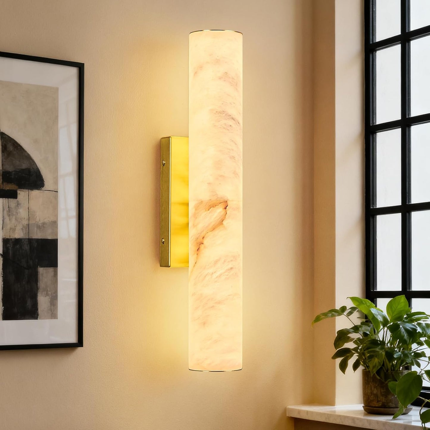 LMQNINE Natural Alabaster Wall Sconces Spanish Marble Wall Light Cylinder Modern Gold LED Sconce for Living Room Bedroom Bathroom Stairs（S-1Pack）