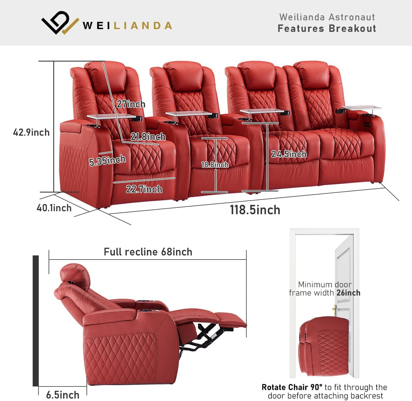 Weilianda Home Theater Seating Top Grain Leather Zero Gravity Recliner Chair Power Headrest Recline Movie Seat Gaming 7 Colors Mood Light Sofa with Tray Table USB Charge Row of 4 Loveseat Right Red