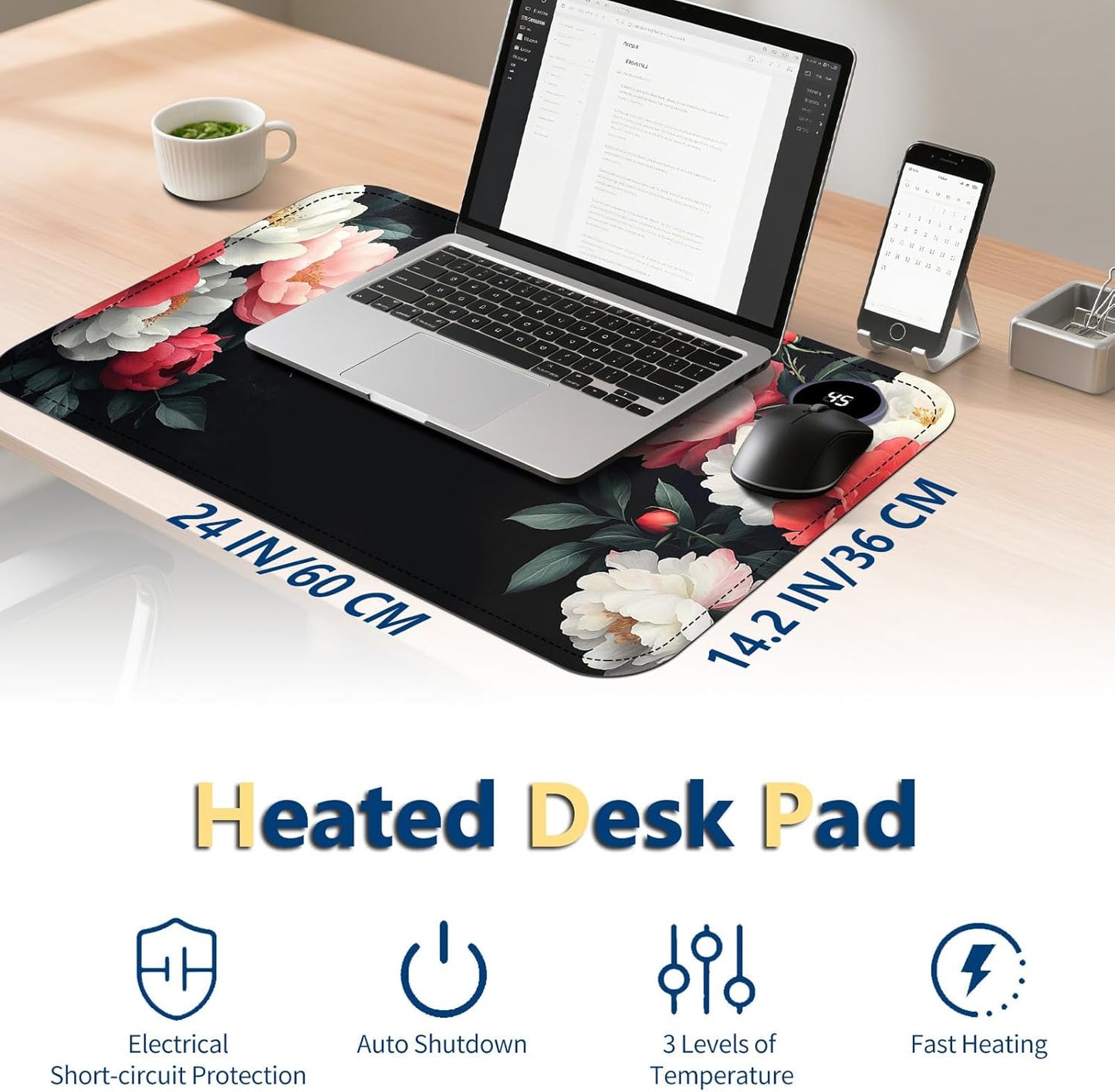 Heated Mouse Pad with 3 Temperature Settings(104°F–122°F),Large 24x14.2 Inch PU Leather Heated Desk Mat,Waterproof Warming Pad for Office,Gaming & Cold Hands Relief,Vintage Flowers