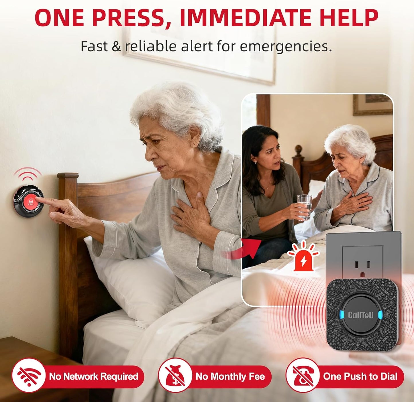 CallToU Caregiver Pager Wireless Call Bell Alert Button for Seniors/Elderly/Patients 1 Plugin Receiver 1 Waterproof Transmitter