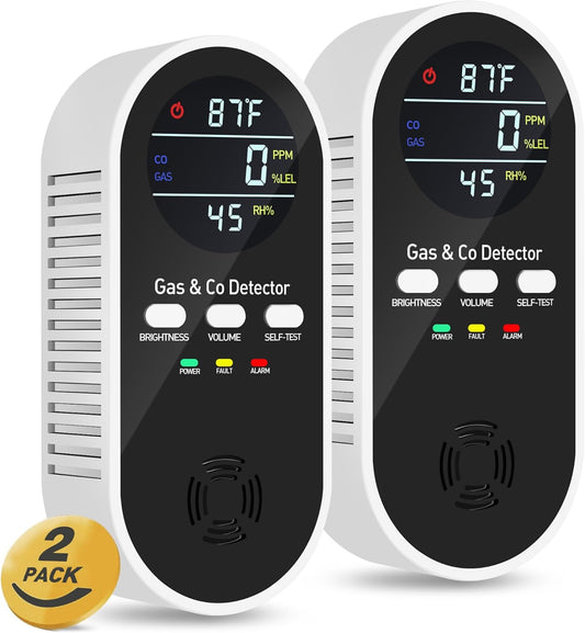 5-in-1 Carbon Monoxide Detectors Plug in – Natural Gas, Propane & CO Alarm with Dual Sensor, Temperature & Humidity Display for Home, RV, Travel, 2 Packs