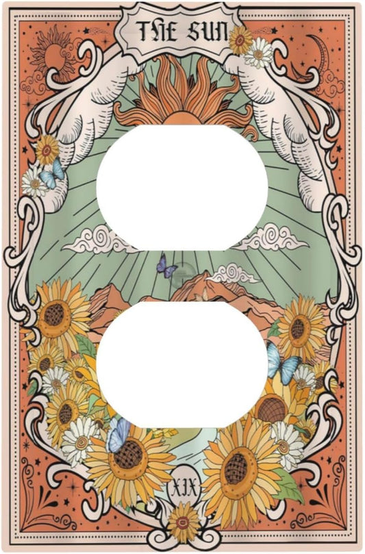 Boho Retro Sun Sunflower Vintage Flower Butterfly Outlet Covers 1 Gang Duplex Light Switch Cover Decorative Switch Plates Electrical Receptacle Faceplate Wall Plate for Farmhouse Home Decor