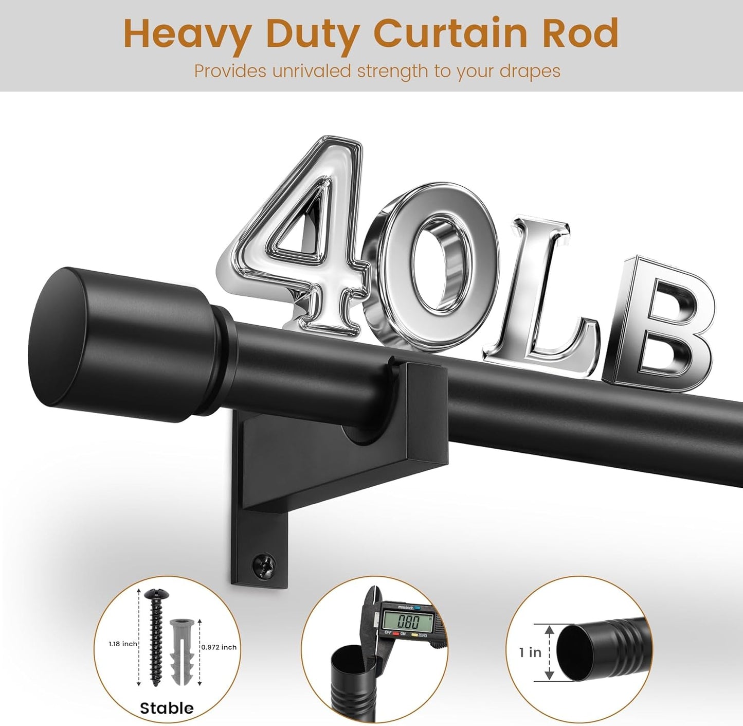 Black Aluminium Curtain Rods for Windows,1 Inch Adjustable Curtain Rod 48-84,Heavy Duty Drapery Rods with Thicken Bracket,Decorative Modern Single Rod with Aluminium Finials