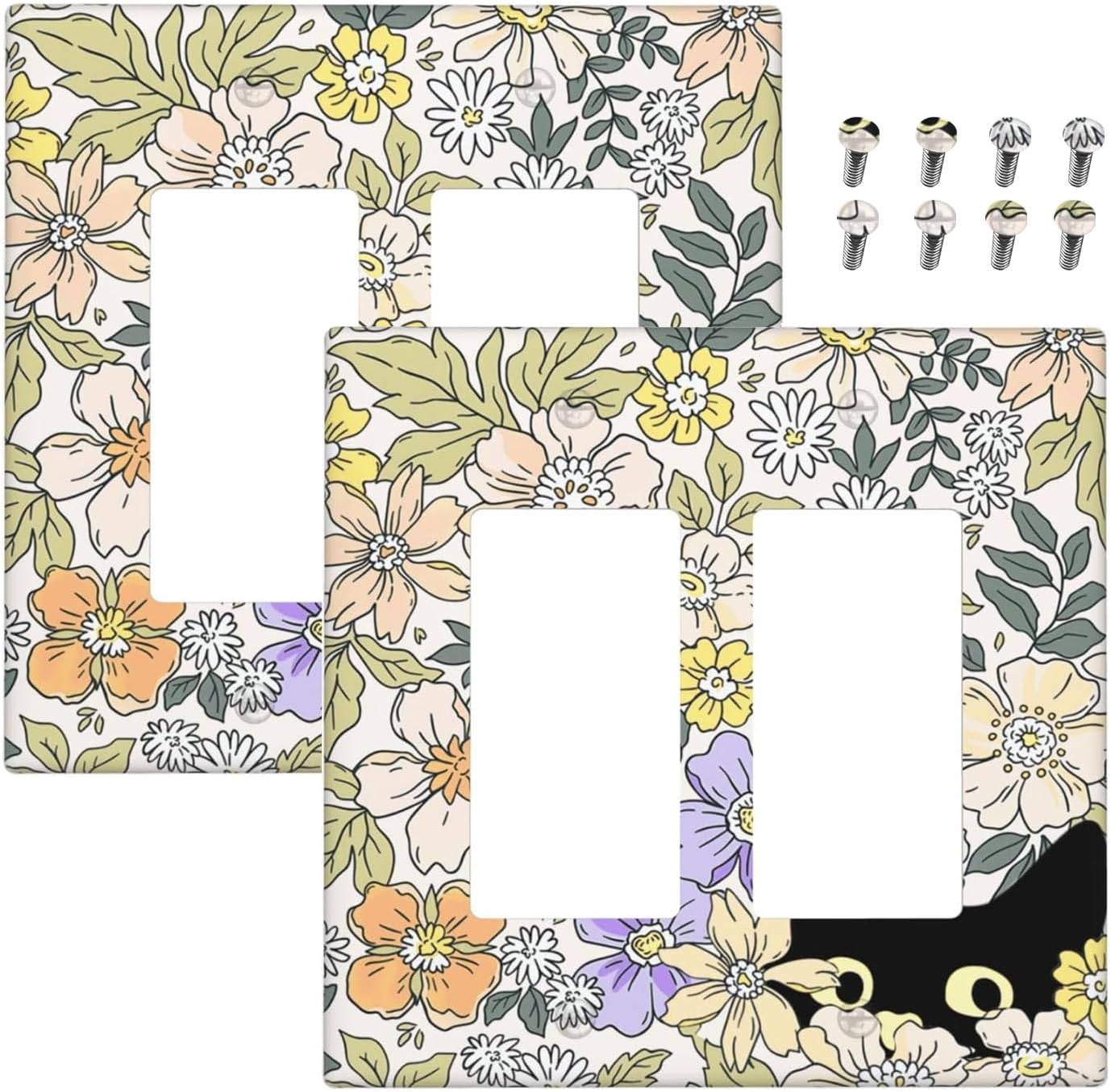 Decorative Outlet Covers Cute Black Cat in a Flower Patch Botanical Garden 2 Gang Wall Plate Double Rocker Light Switch Cover Double Switch Plate Cover for Home Decor （2 Pack）