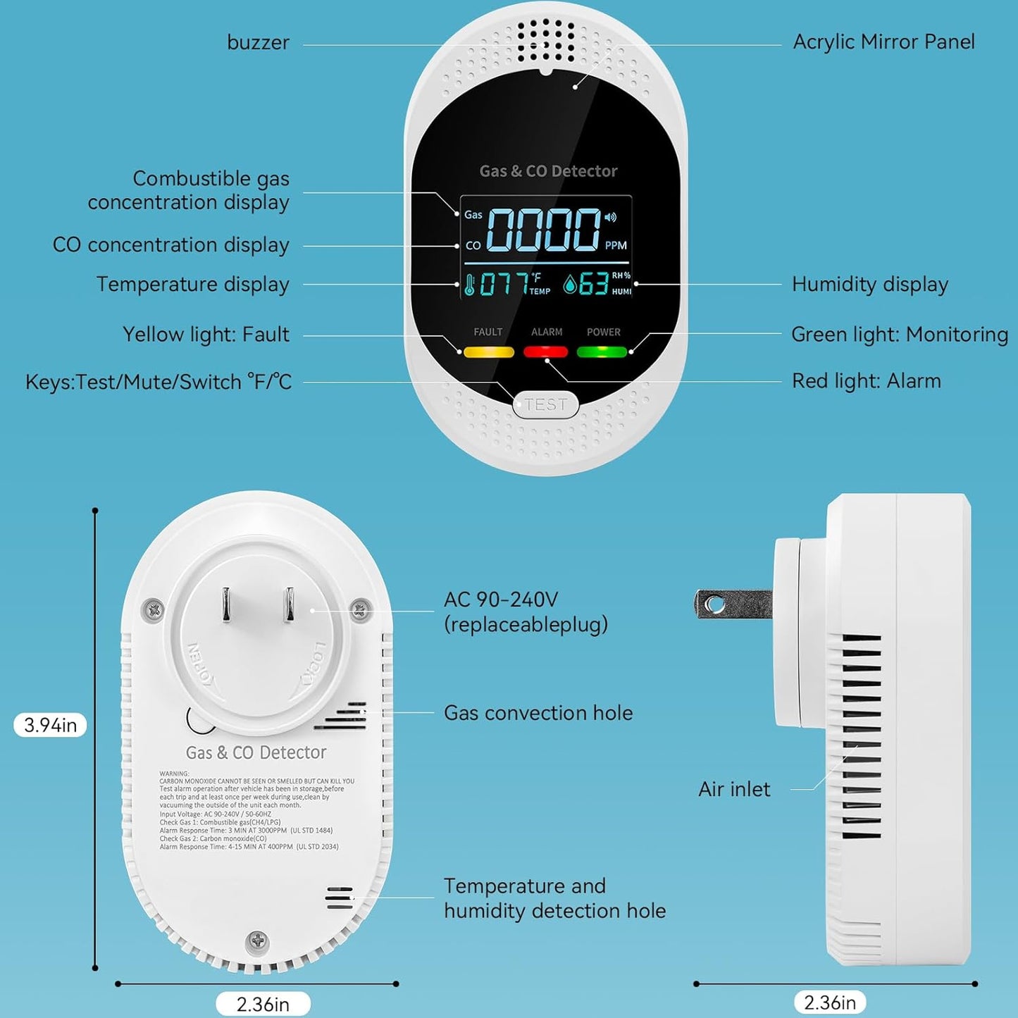 Plug in Carbon Monoxide Detector Combustible Gases Detectors,4-in-1 Co & Natural Gas Alarm Detectors with Temperature and Humidity Display,Clear LCD Screen Sound Light Dual Alarm for Home Travel RV