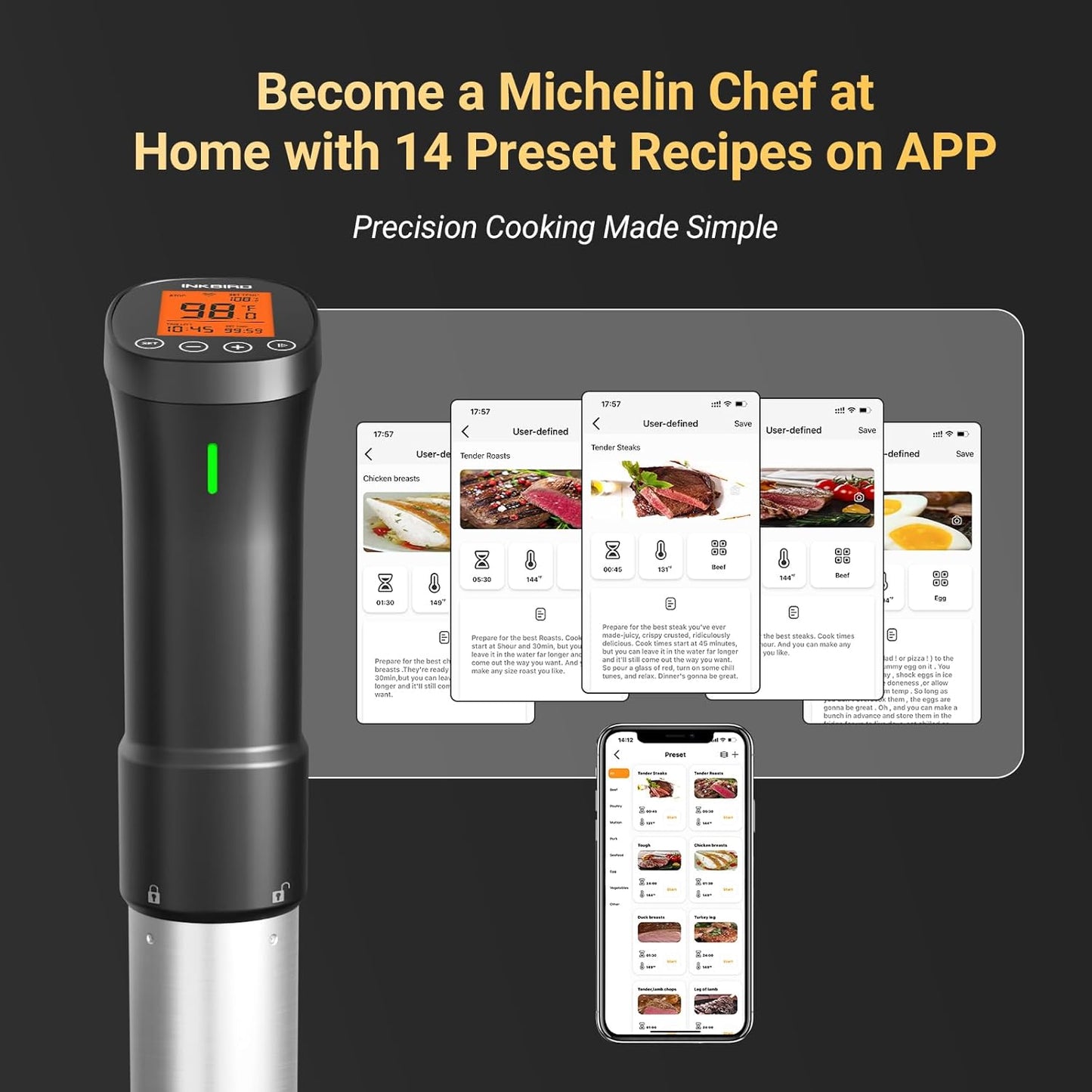 2.4G WIFI Sous Vide Cooker INKBIRD Sous Vide Machine with APP Control, 1000 Watts Immersion Circulator with APP Recipes Timer Alarm Mobile Notification, 3D Water Fast Heating Ultra-Quiet