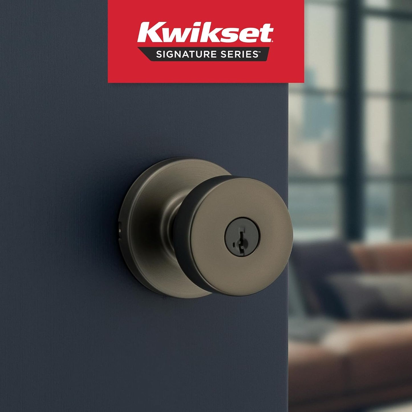 Kwikset Pismo Keyed Entry Door Handle with Lock and Key, Round Secure Keyed Reversible Lever Exterior, Door Lock, Front Entrance and Bedrooms, Gunmetal, Pick Resistant Smartkey Rekey Security