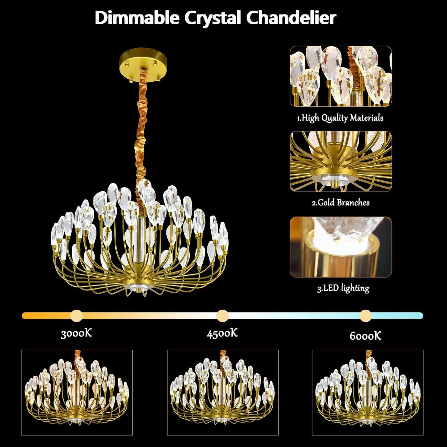Crystal Gold Chandelier Modern Round Ceiling Pendant Light Fixture Led Tree Branch Chandeliers for Living Room Dining Room Kitchen Bedroom Hotel