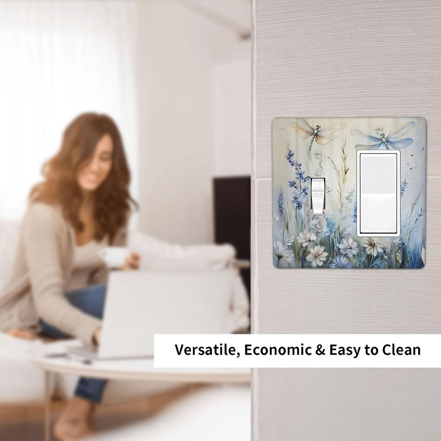 Decorative Outlet Covers Watercolor Dragonfly Blue Wihte Flower 2 Gang Light Switch Cover Plate Single Toggle 1 Rocker Wall Plates for Electrical Outlets Switch Plate Covers for Bedroom Decor