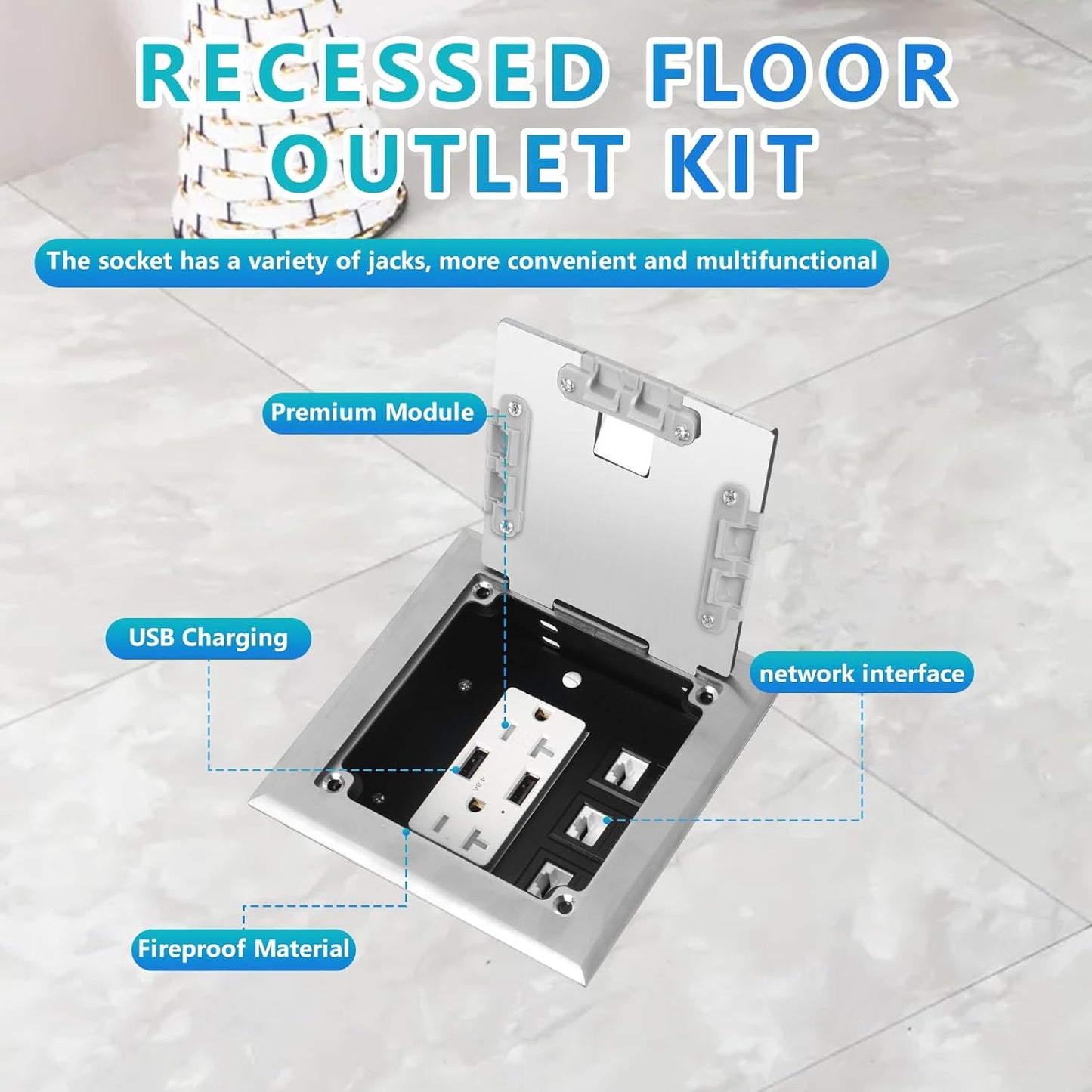KYHSHJ Recessed Flat Hidden Socket Kit with 2 * 20A Receptacle，4.8A*2 USB-A Ports +3-Port RJ45 Datacom Receptacle. Internal Height Adjustable，Corrosive Resistant Hardware,Silver