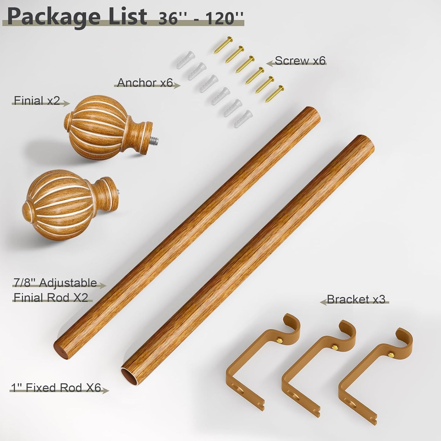 Wood Curtain Rods for Windows 66 to 120 Inch, 1'' Adjustable Heavy Duty Curtain Rod，Vintage Decorative Drapery Rods with Pumpkin Finials for Bedroom Living Room